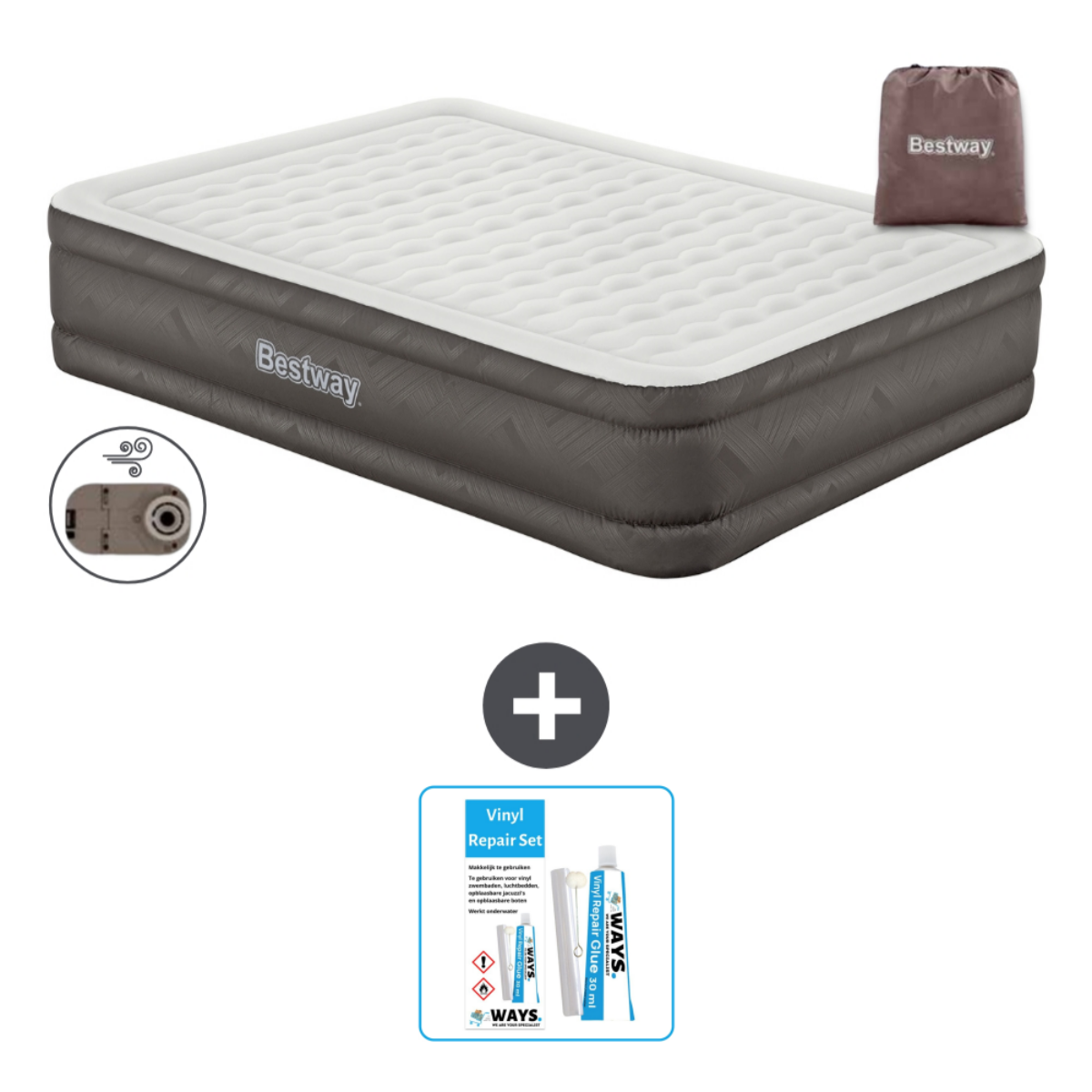 Grijze Bestway luchtmatras met witte bovenkant en reparatieset.