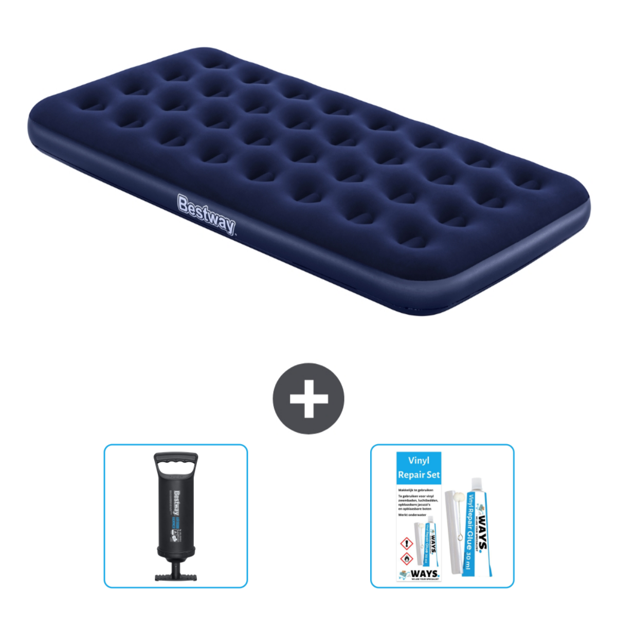 Een blauwe opblaasbare matras met een pomp en reparatieset, op een witte achtergrond.