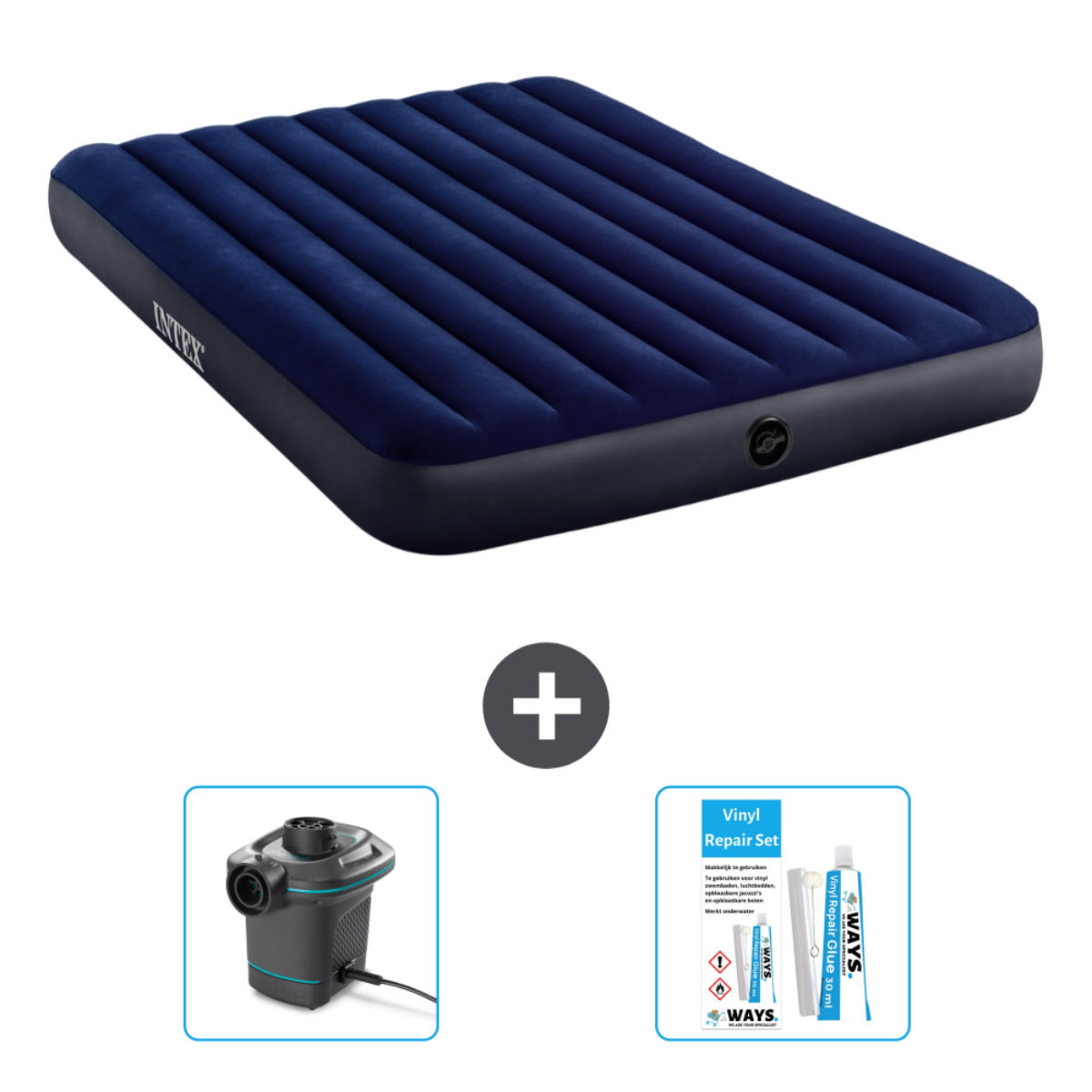 Blauwe opblaasbare matras met pomp en reparatieset. De matras heeft een Intex logo.