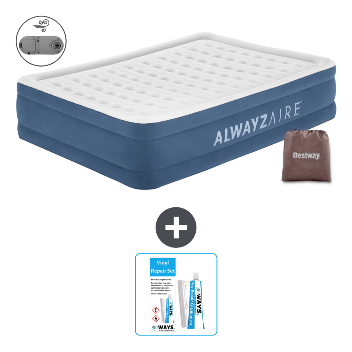 Een blauw en wit luchtmatras met AlwaysAire logo. Het heeft een reparatieset, draagtas en een ingebouwde pomp.