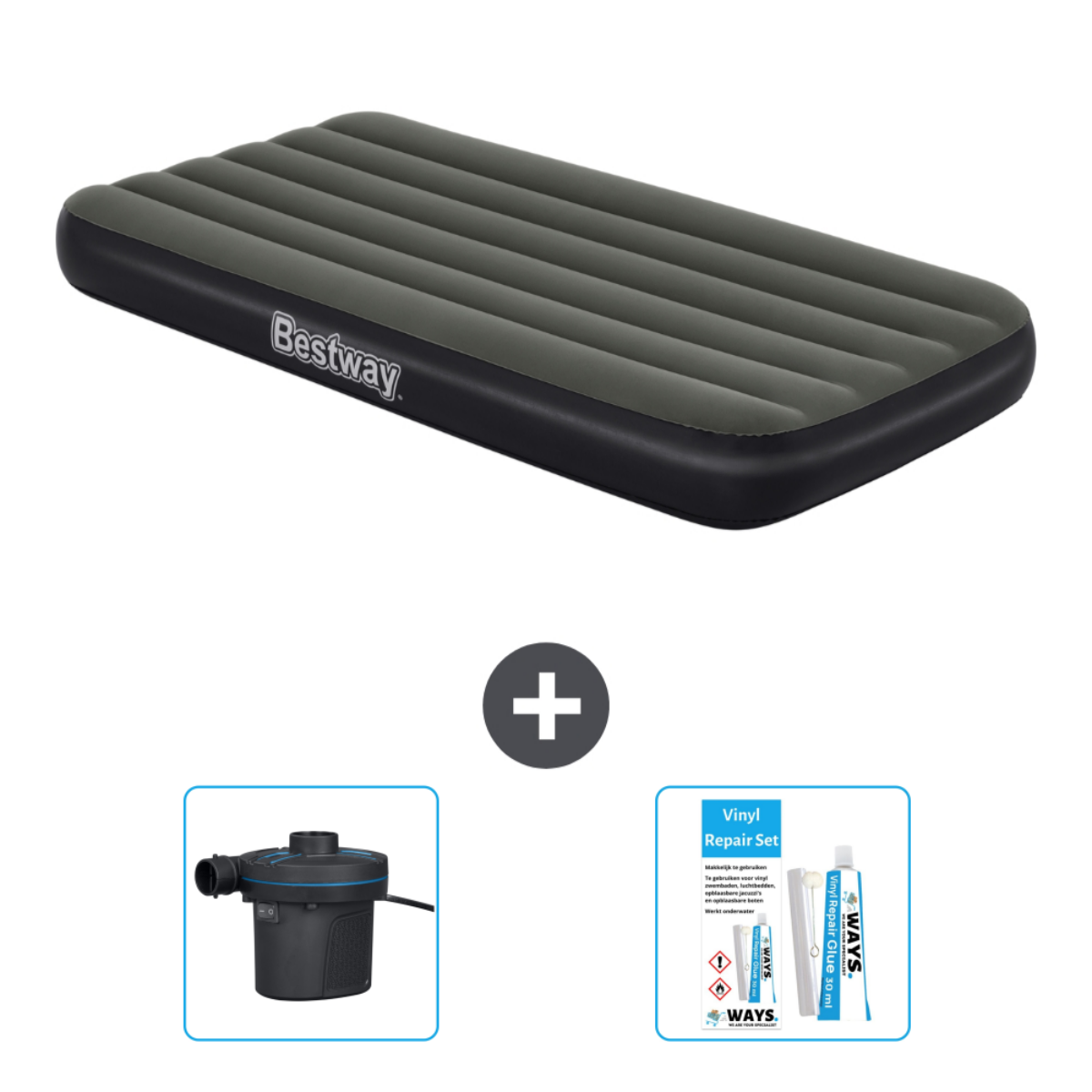 Un matelas gonflable Bestway noir et gris avec une pompe et un kit de réparation.