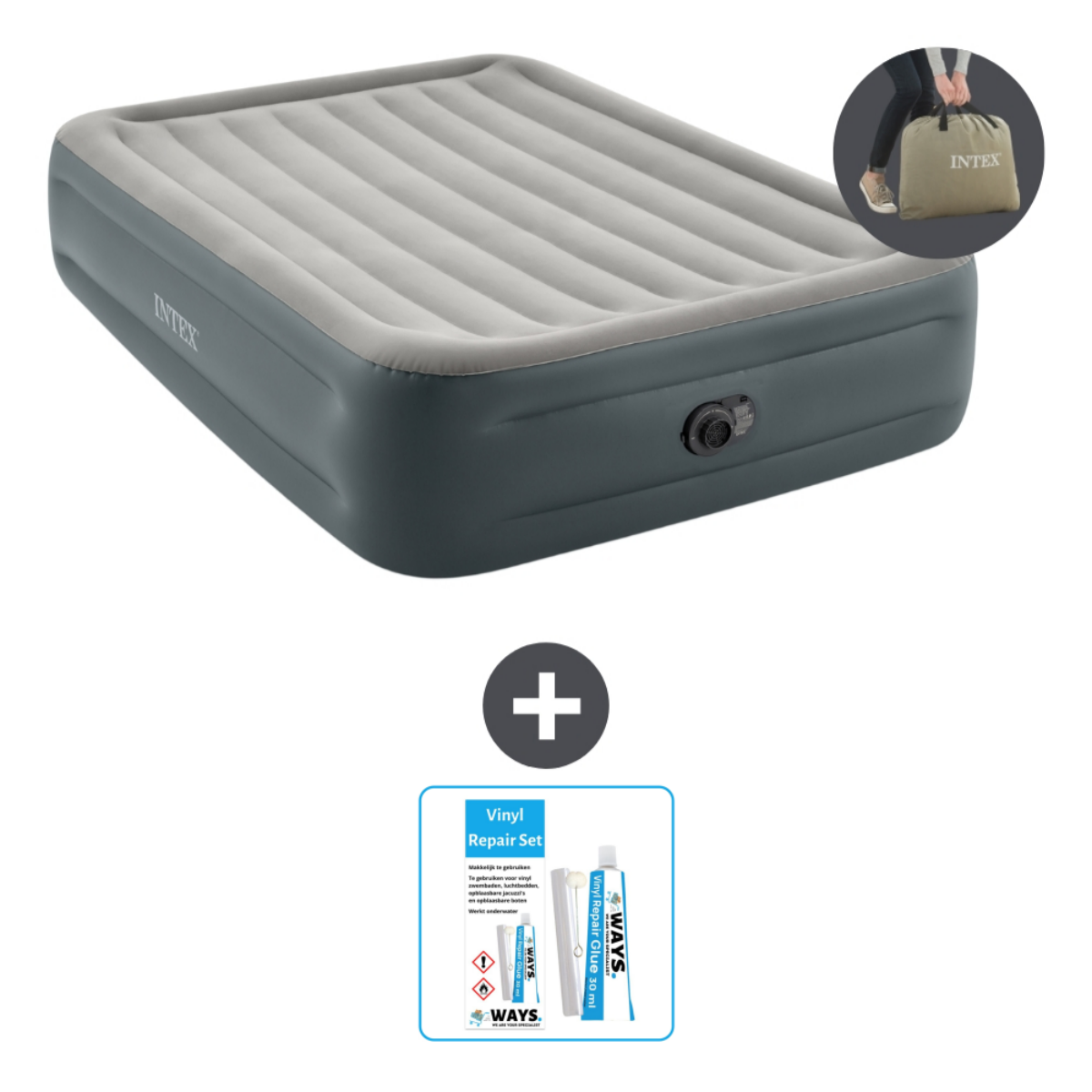 Un matelas gonflable gris avec le logo Intex, un kit de réparation et un sac de transport. Il a une pompe intégrée.