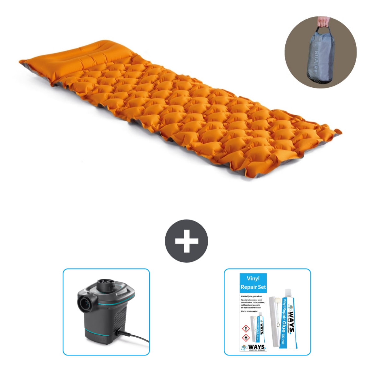 Matelas de couchage gonflable orange, pompe noire et kit de réparation.