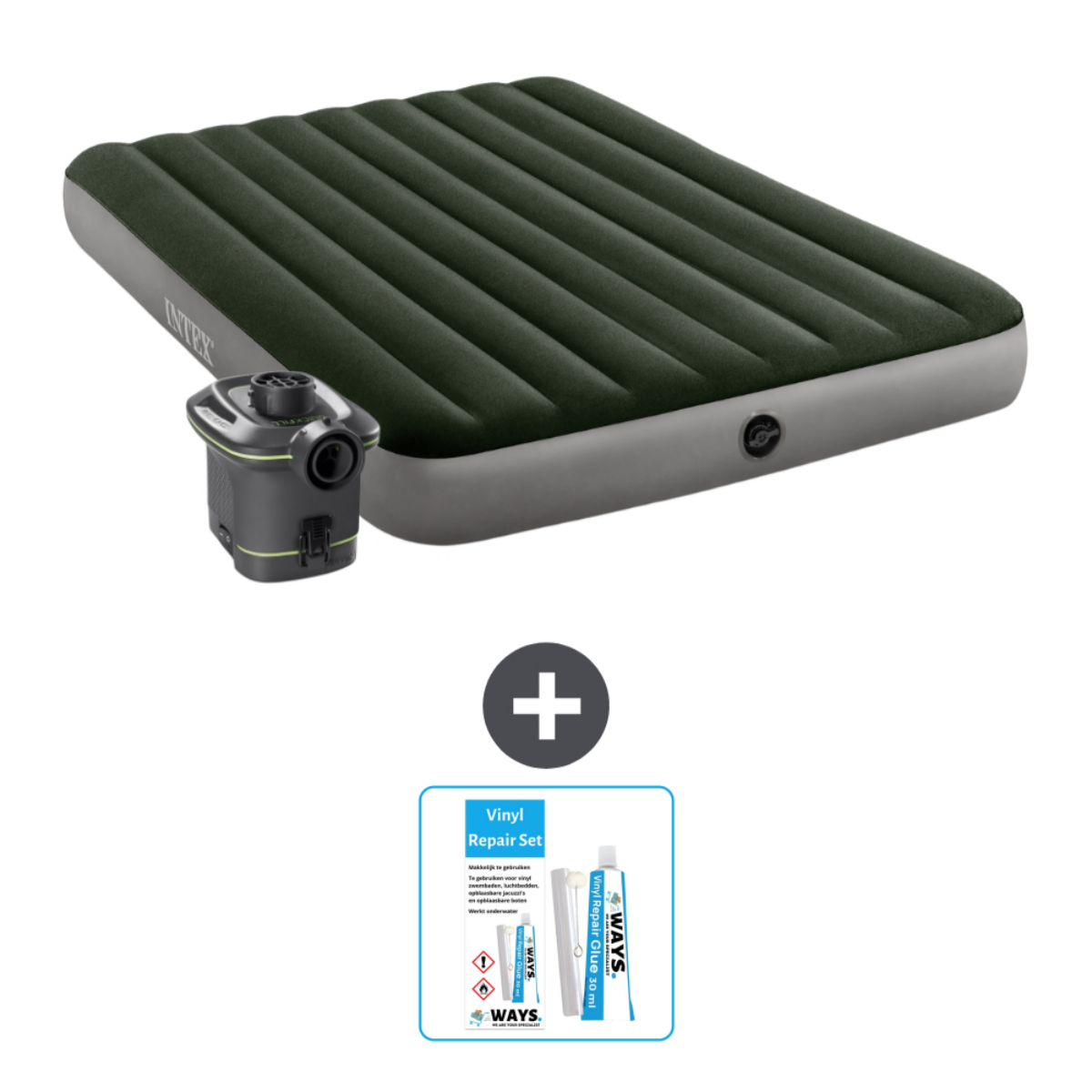 Groen opblaasmatras met pomp en reparatieset.