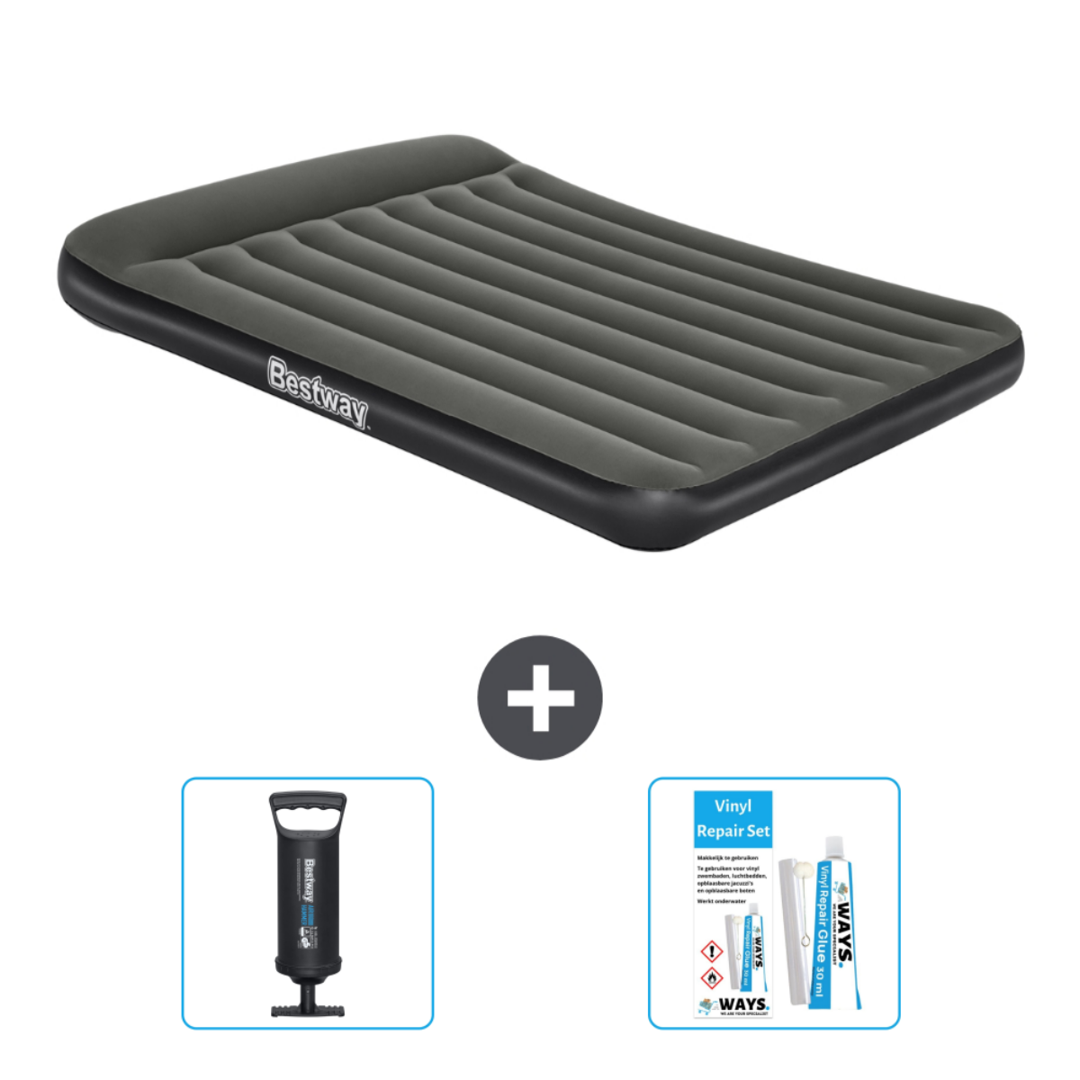 Matelas gonflable gris avec logo Bestway, pompe manuelle et kit de réparation. Fond blanc.
