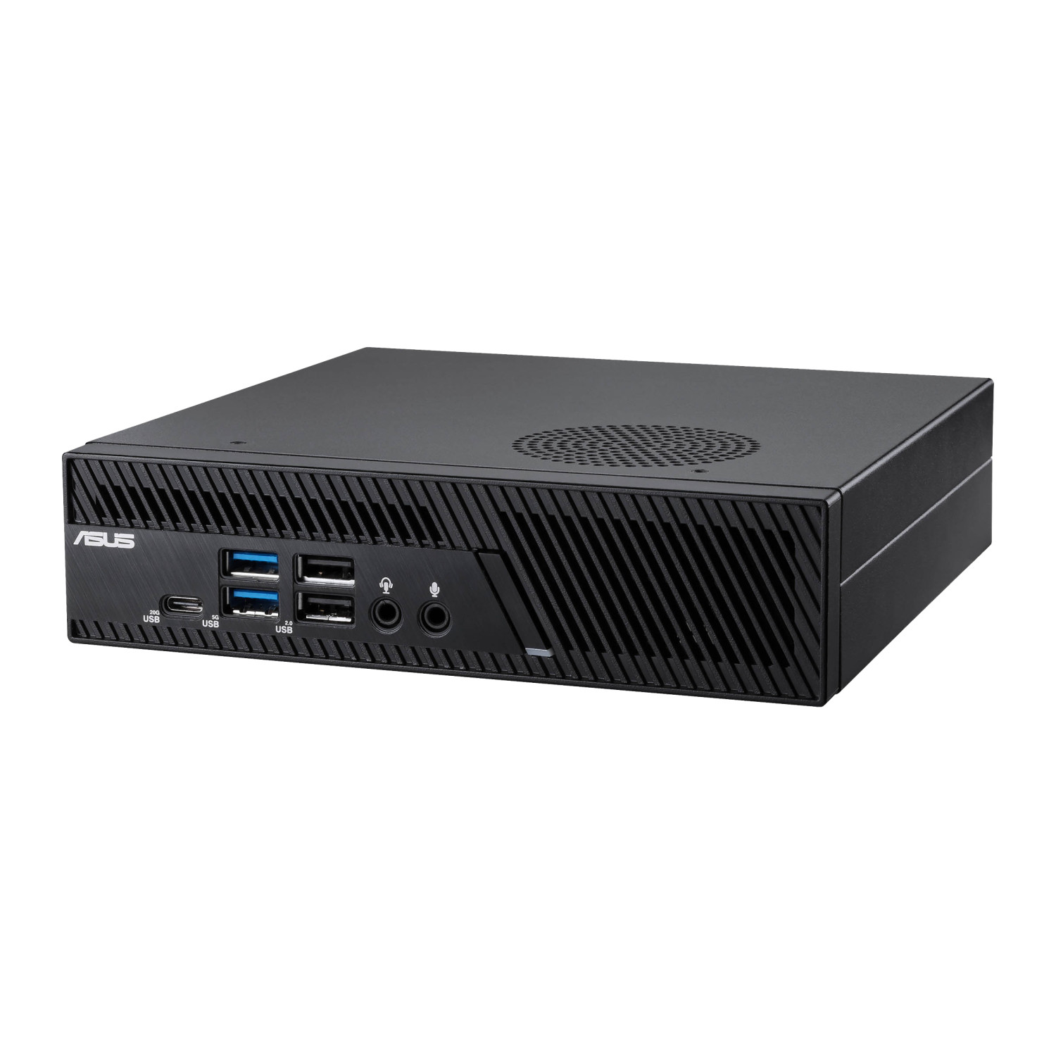 Mini PC ASUS noir avec ports et ventilateur. Il est posé sur une surface blanche.