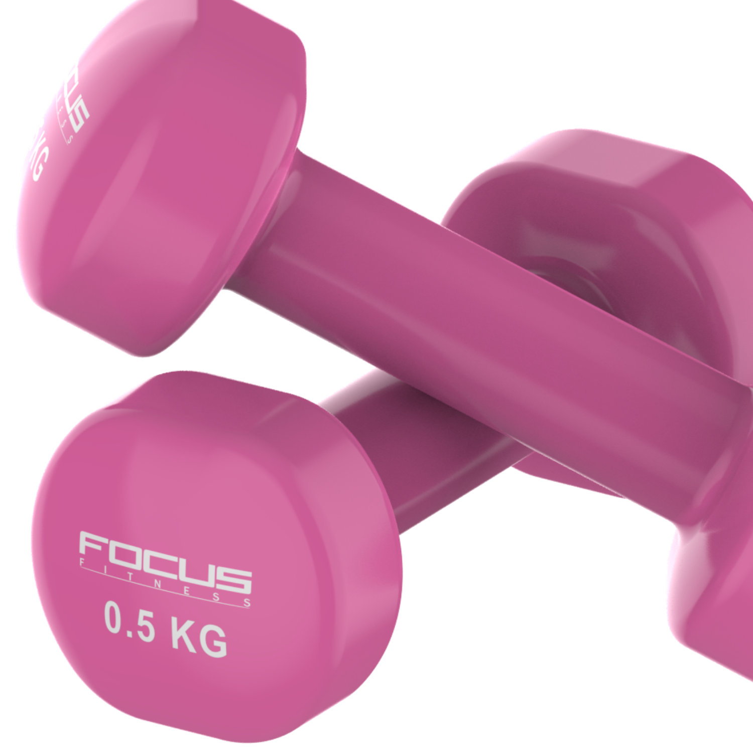 Two pink dumbbells, each with 'FOCUS FITNESS 0.5 KG' printed on them. White background.