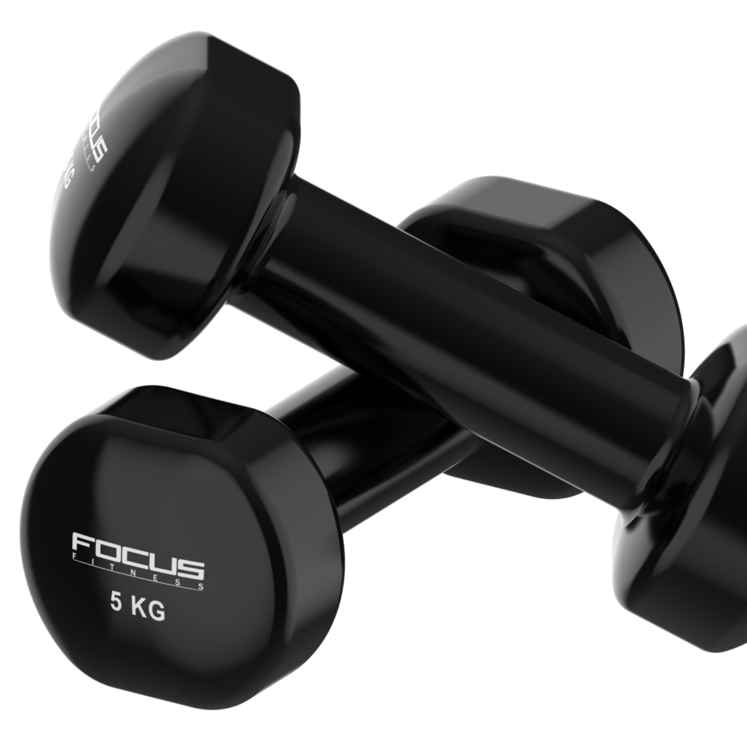 Two black dumbbells with the words Focus Fitness and 5 KG on a white background.