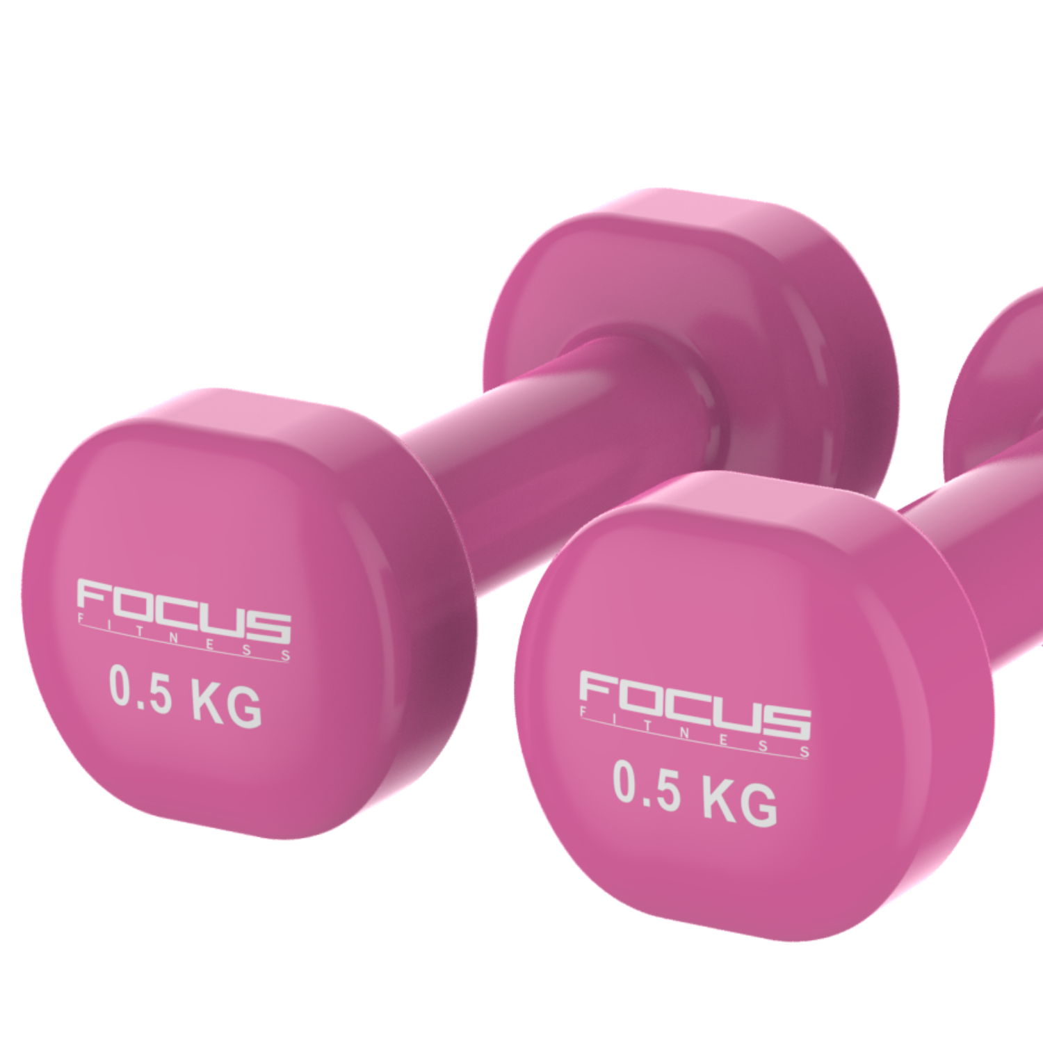 Two pink dumbbells with the 'FOCUS FITNESS' and '0.5 KG' printed on them. The dumbbells are on a white surface.