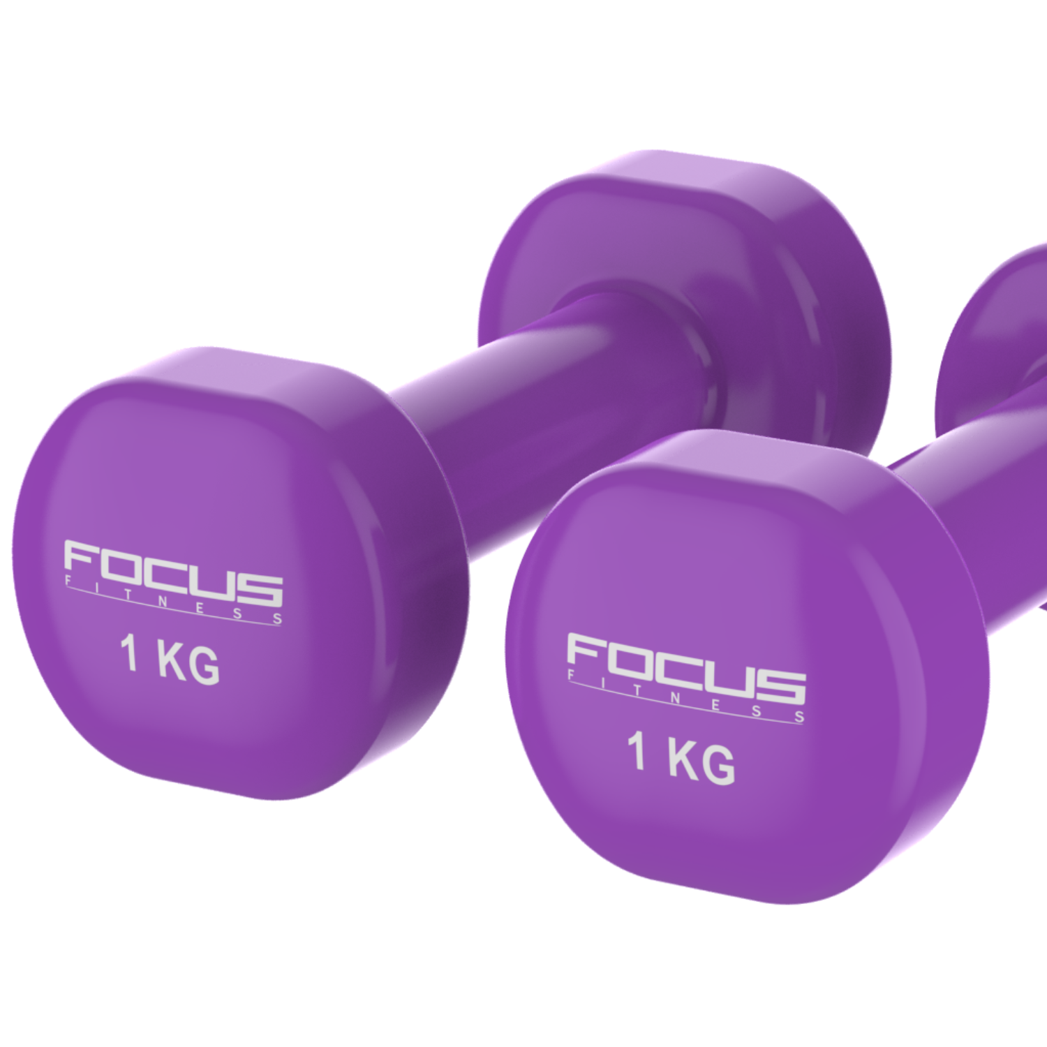 Two purple dumbbells with FOCUS FITNESS 1 KG text on them. They are on a white background.