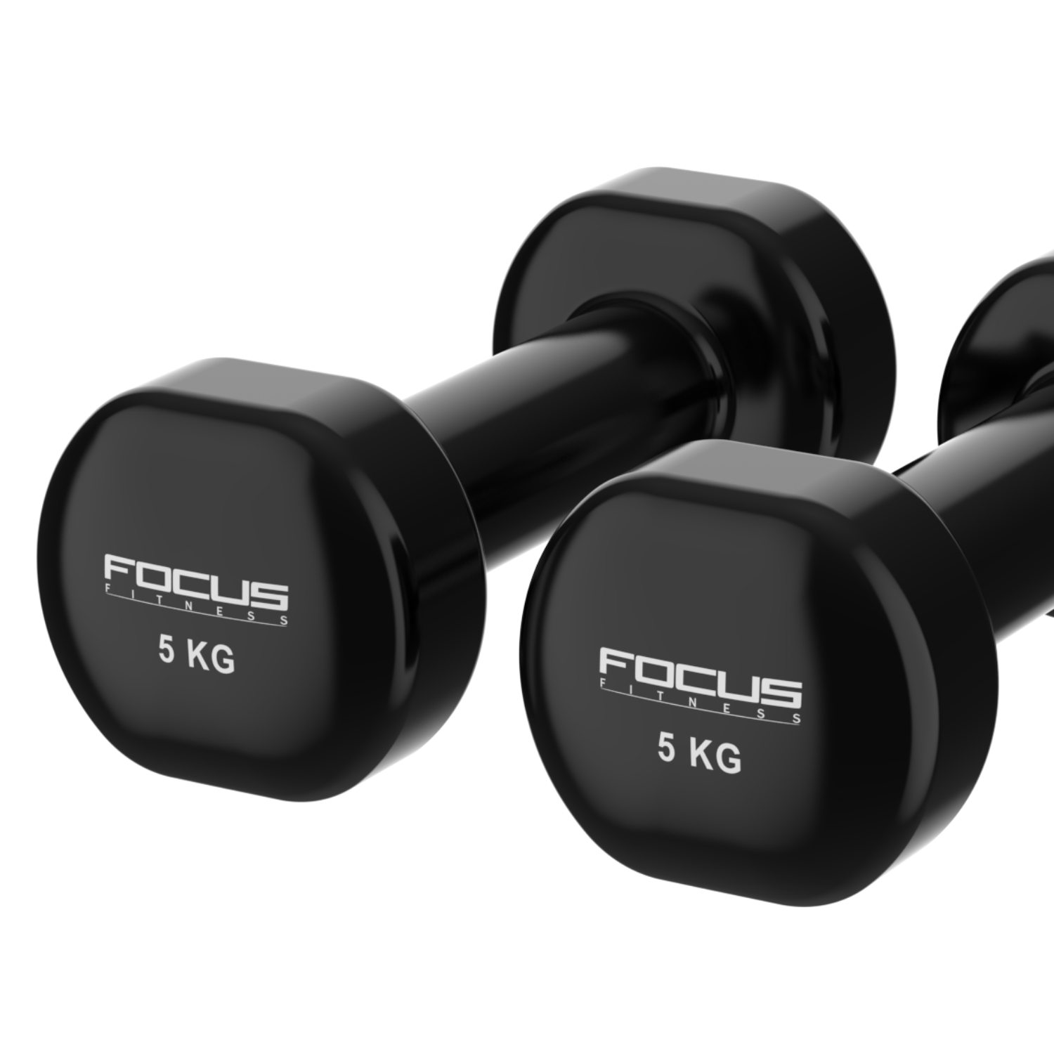 Two black dumbbells, each with 'FOCUS FITNESS 5 KG' printed on them.