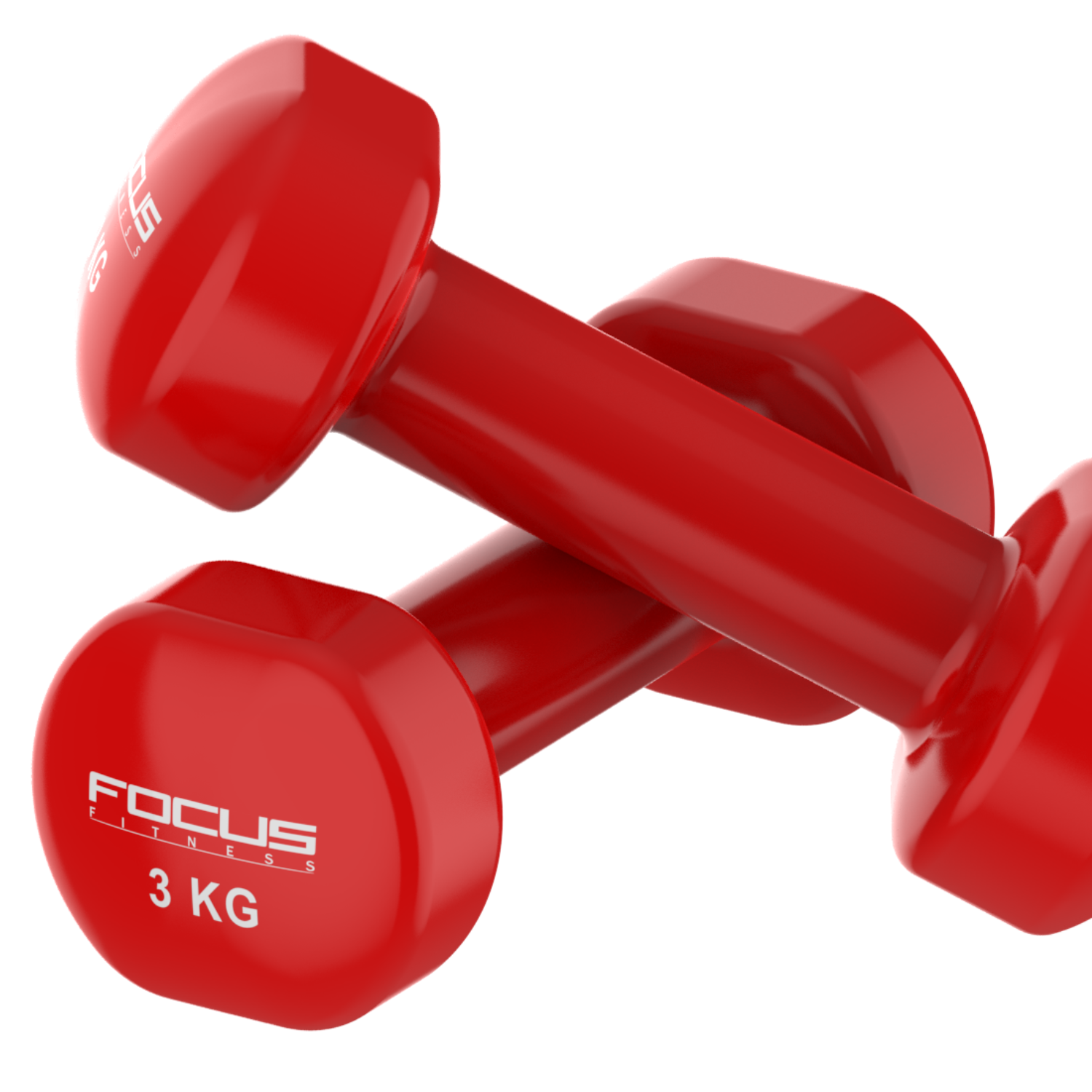 Two red dumbbells on a white background, focus fitness.
