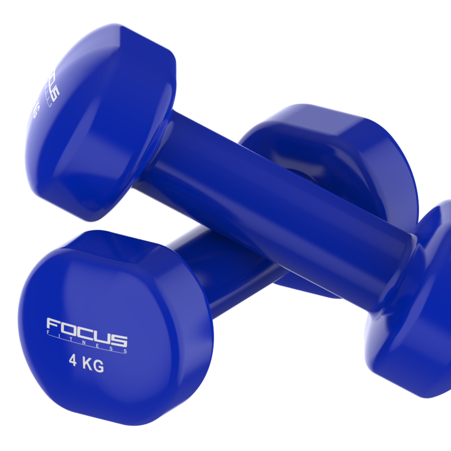 Two blue dumbbells with FOCUS FITNESS 4 KG text on them. They are on a white background.