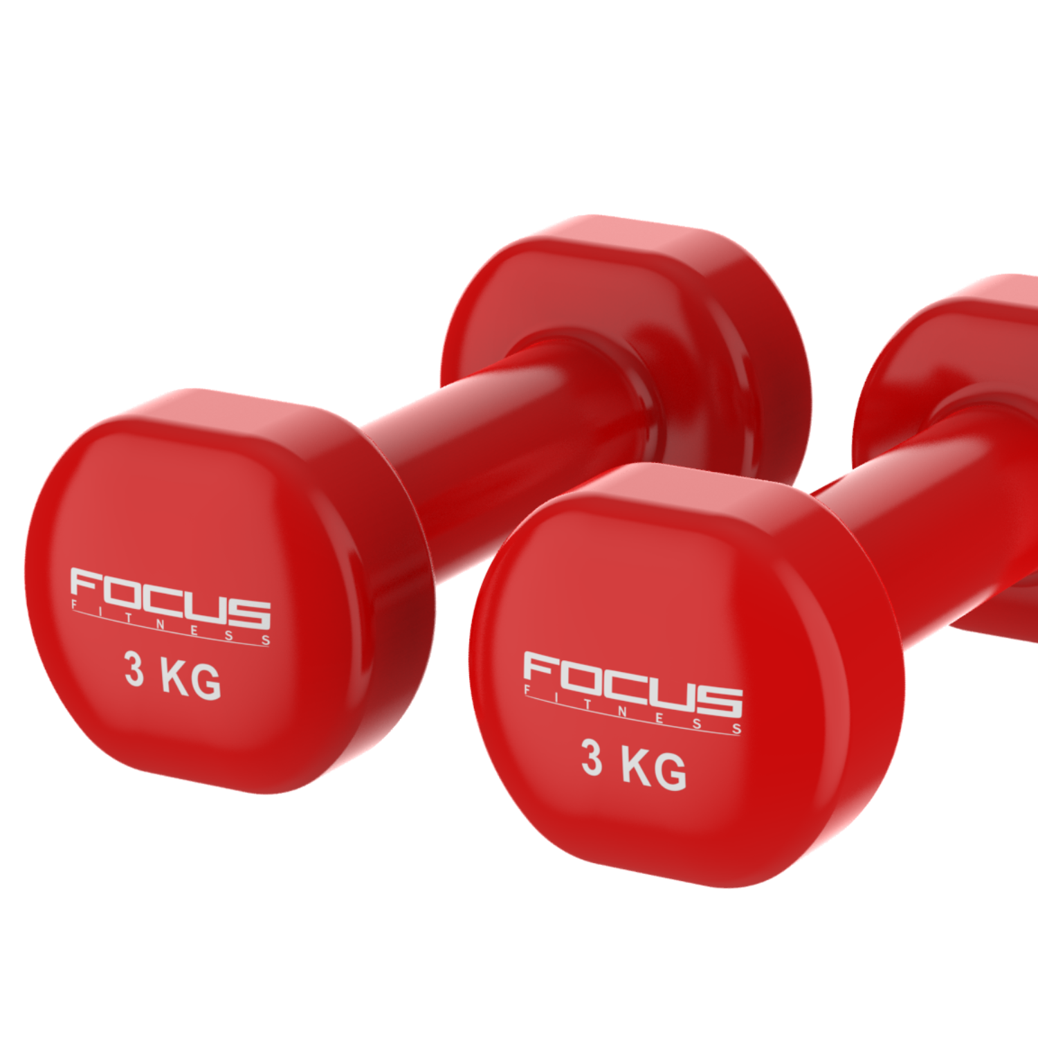 Two red dumbbells, each with 'FOCUS FITNESS 3 KG' printed on them.