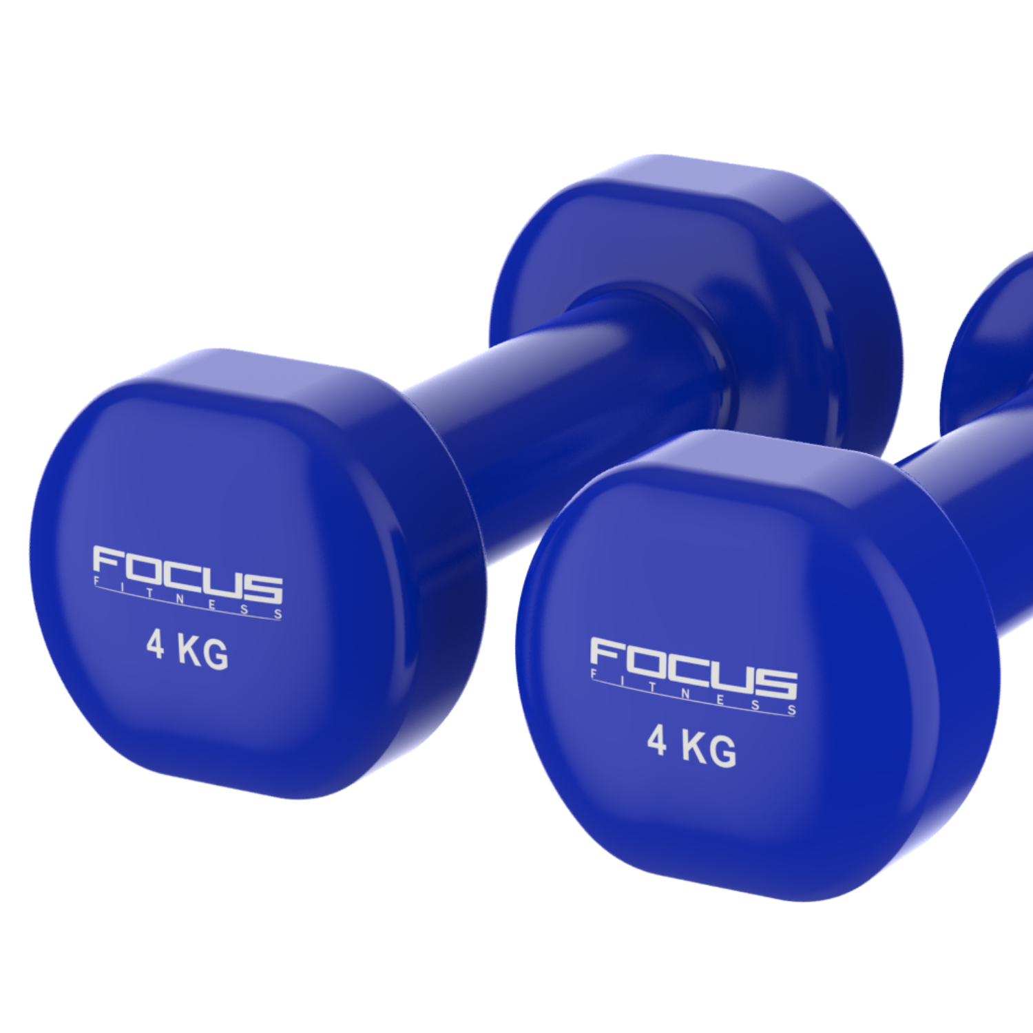 Two blue dumbbells with the text 'FOCUS FITNESS 4 KG' printed on each.