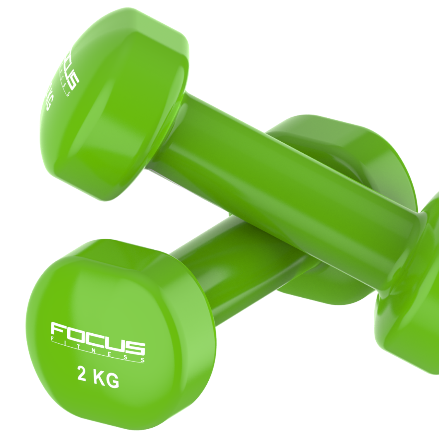 Two green Focus fitness dumbbells, each labeled 2 KG, are on a white background.