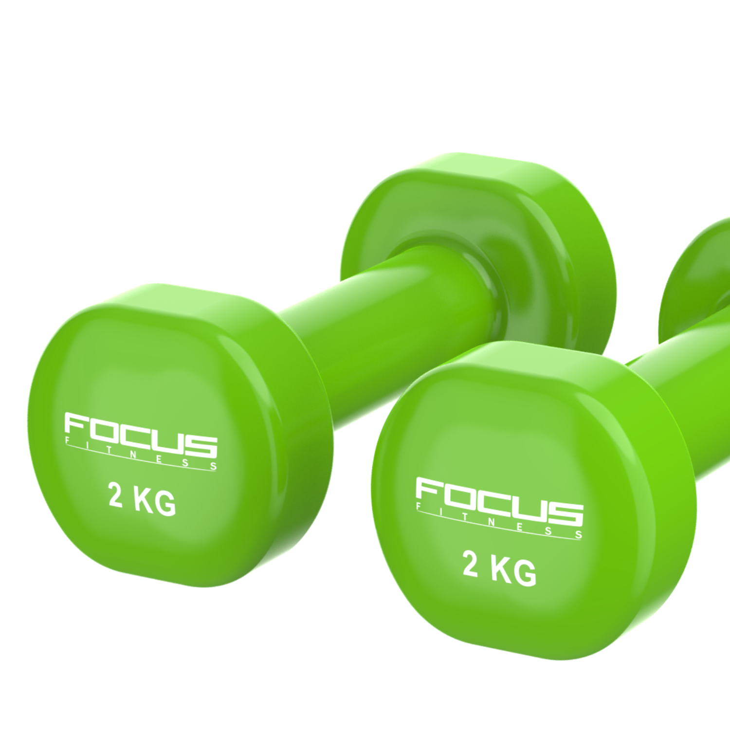Two green dumbbells, each with 'FOCUS FITNESS 2 KG' printed on them.