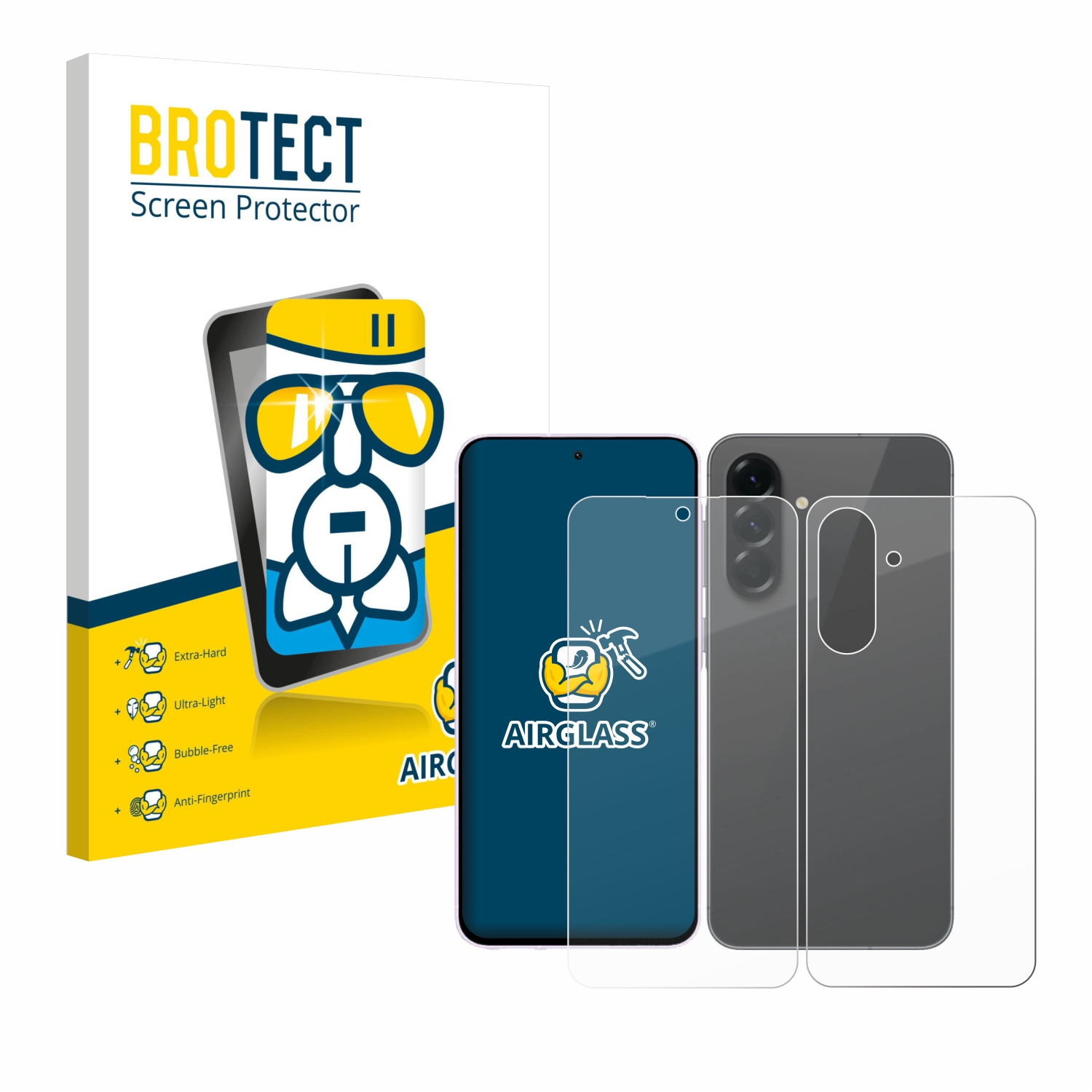 Ein Displayschutz-Set, mit Telefon, Schutzfolie und einer Box mit Logo.