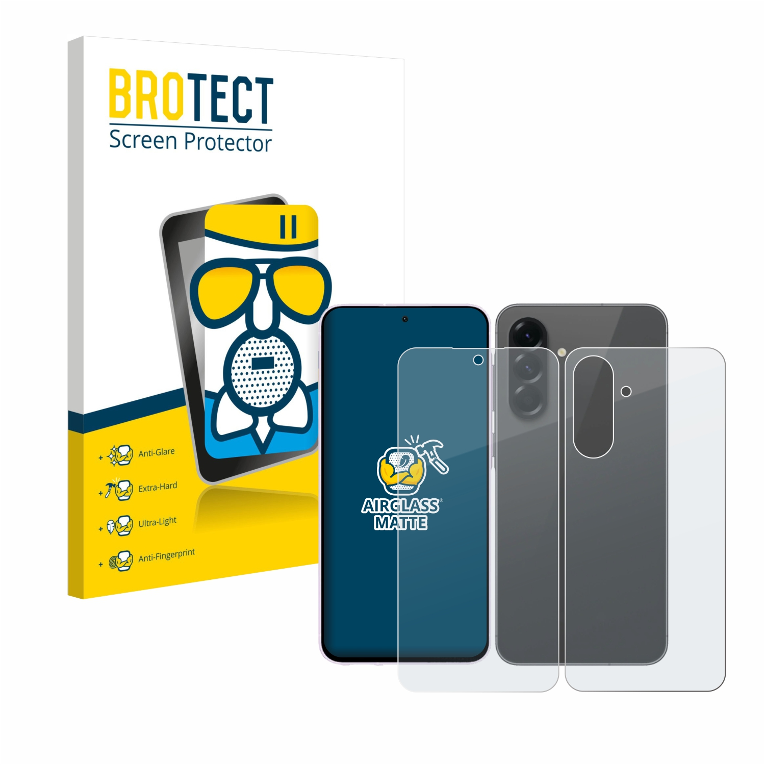 Das Bild zeigt ein Telefon, einen Displayschutz und eine Verpackung für einen Displayschutz. Der Schutz ist transparent.