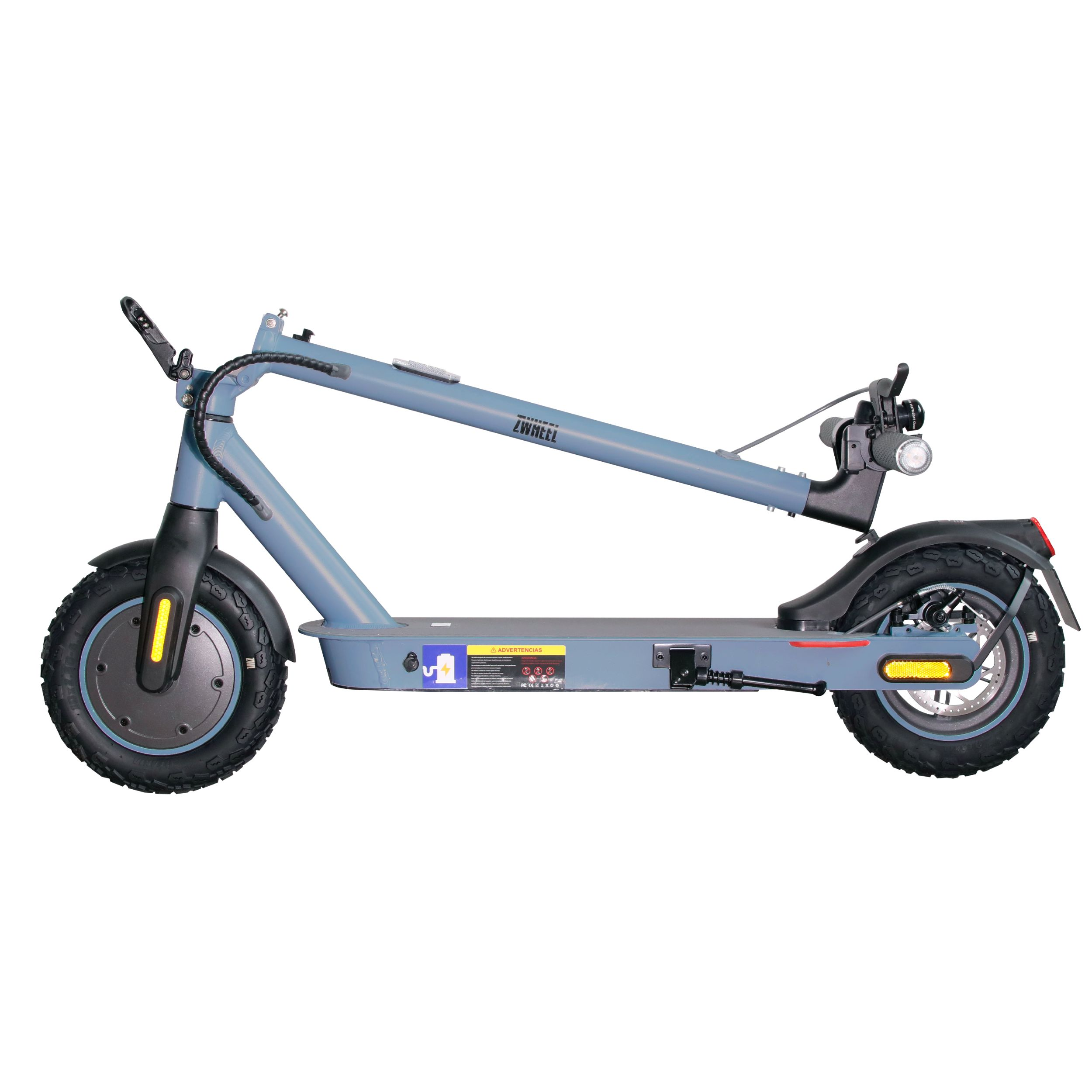 Scooter eléctrico azul plegado. Llantas negras, luces amarillas y fondo blanco.