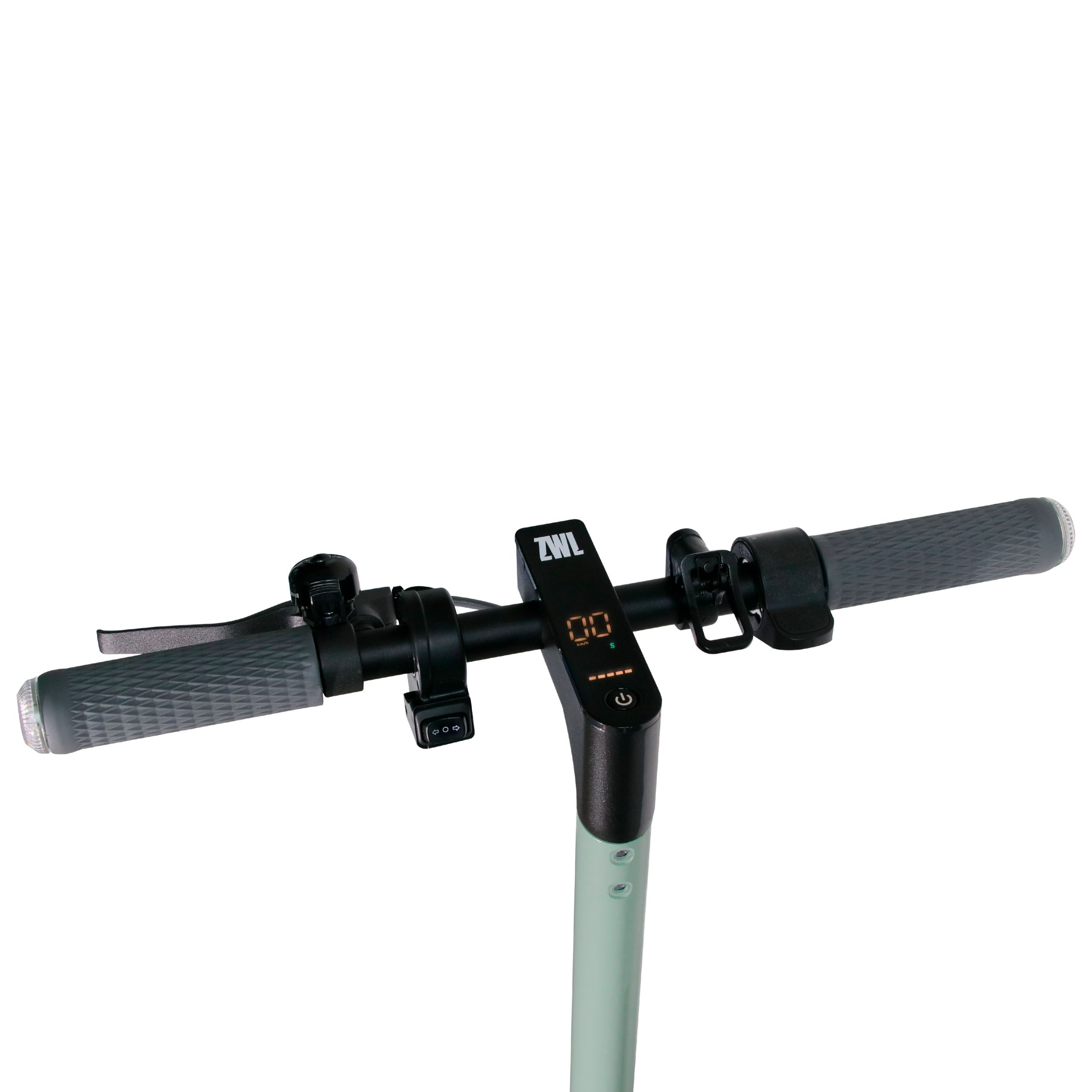 Manillar de scooter con pantalla y empuñaduras, aislado sobre fondo blanco.