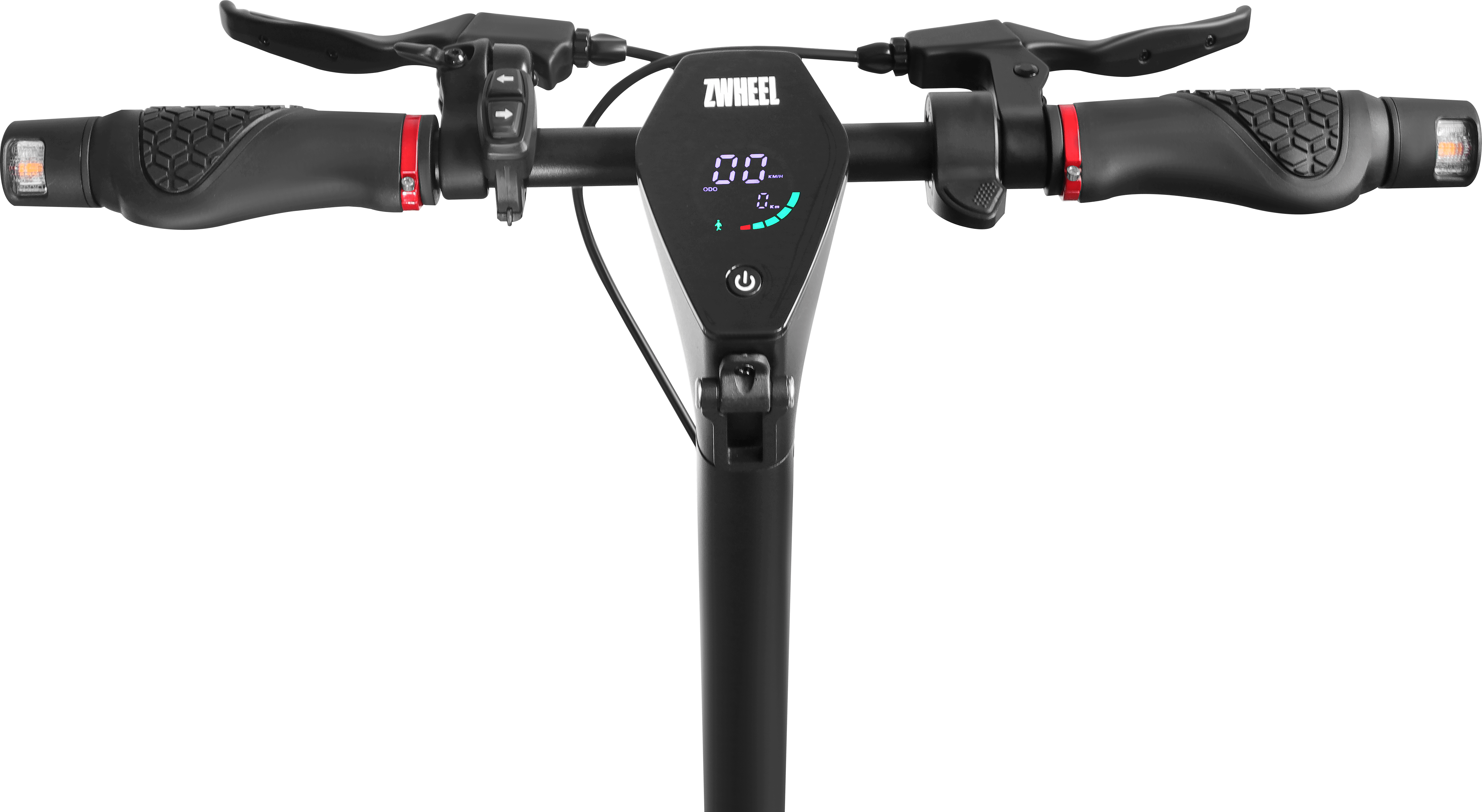 Manillar de un patinete eléctrico. El panel de control, los frenos y las luces son visibles.