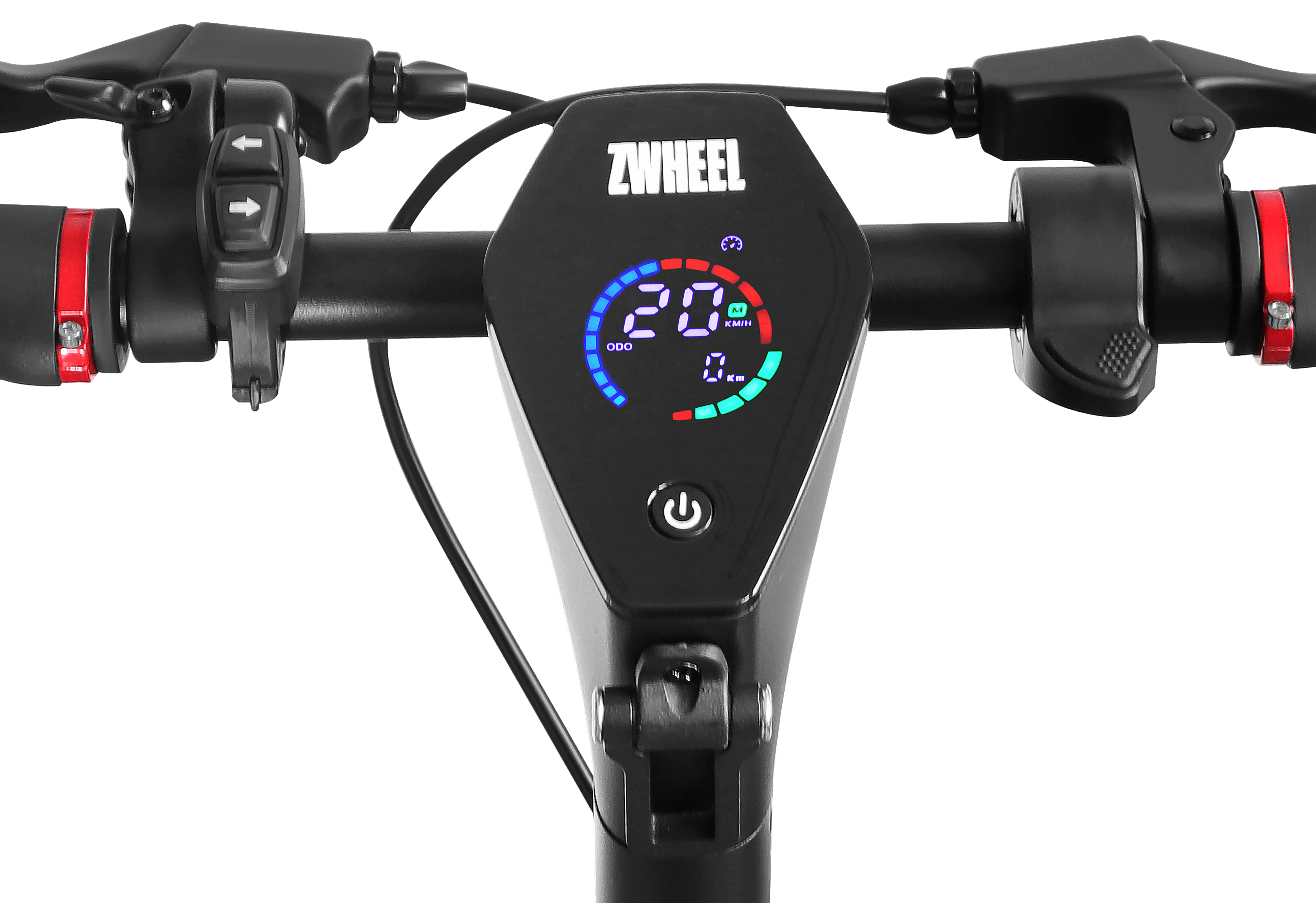 Manillar de scooter negro con pantalla digital que muestra velocidad y batería.
