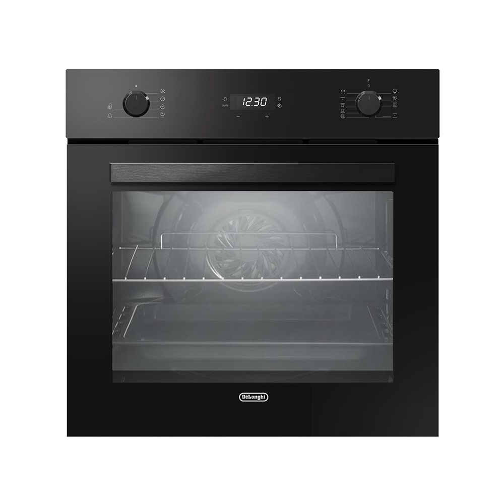 Forno nero incasso con orologio digitale, manopole e porta vetro, ripiani interni.