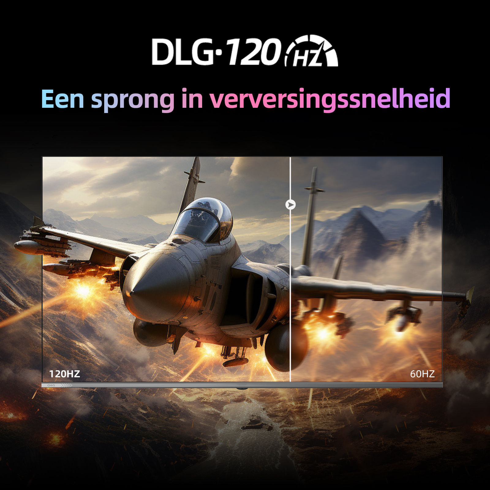 Ekran telewizora pokazujący odrzutowiec w akcji i tekst DLG 120HZ na górze.