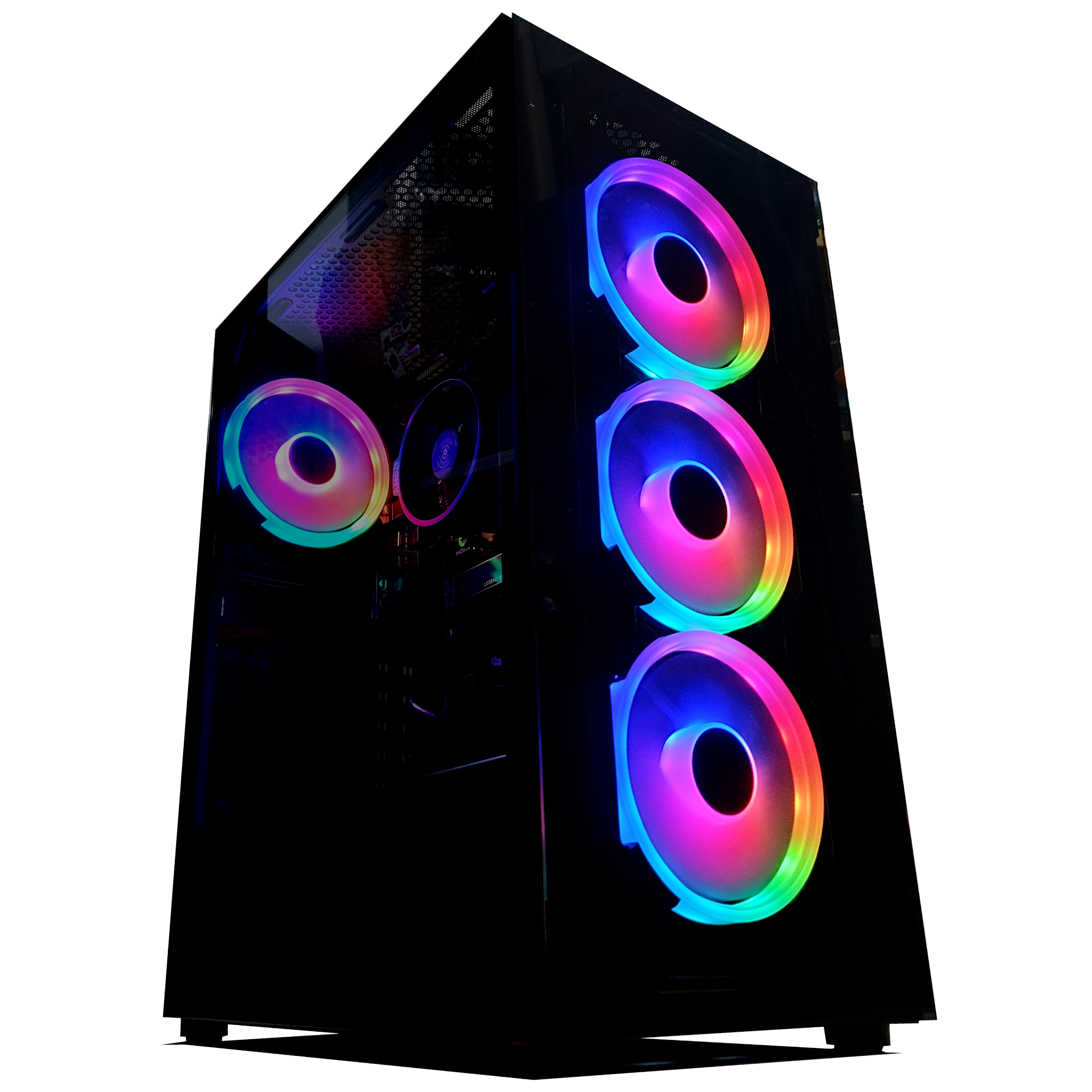Una caja de ordenador negra con múltiples ventiladores iluminados. Los ventiladores tienen un esquema de arcoíris.