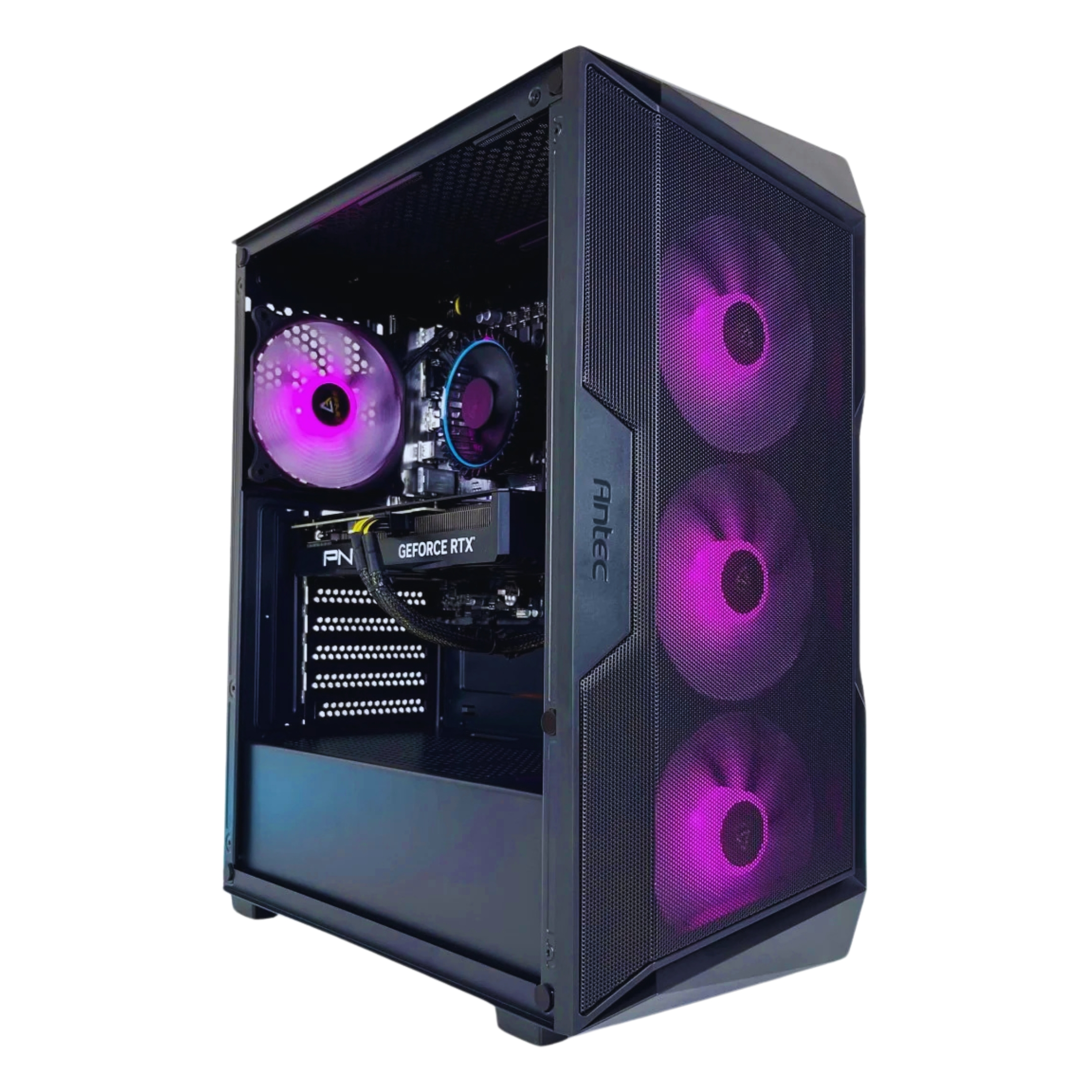 Caja de computadora negra con luces, componentes visibles, fondo blanco.