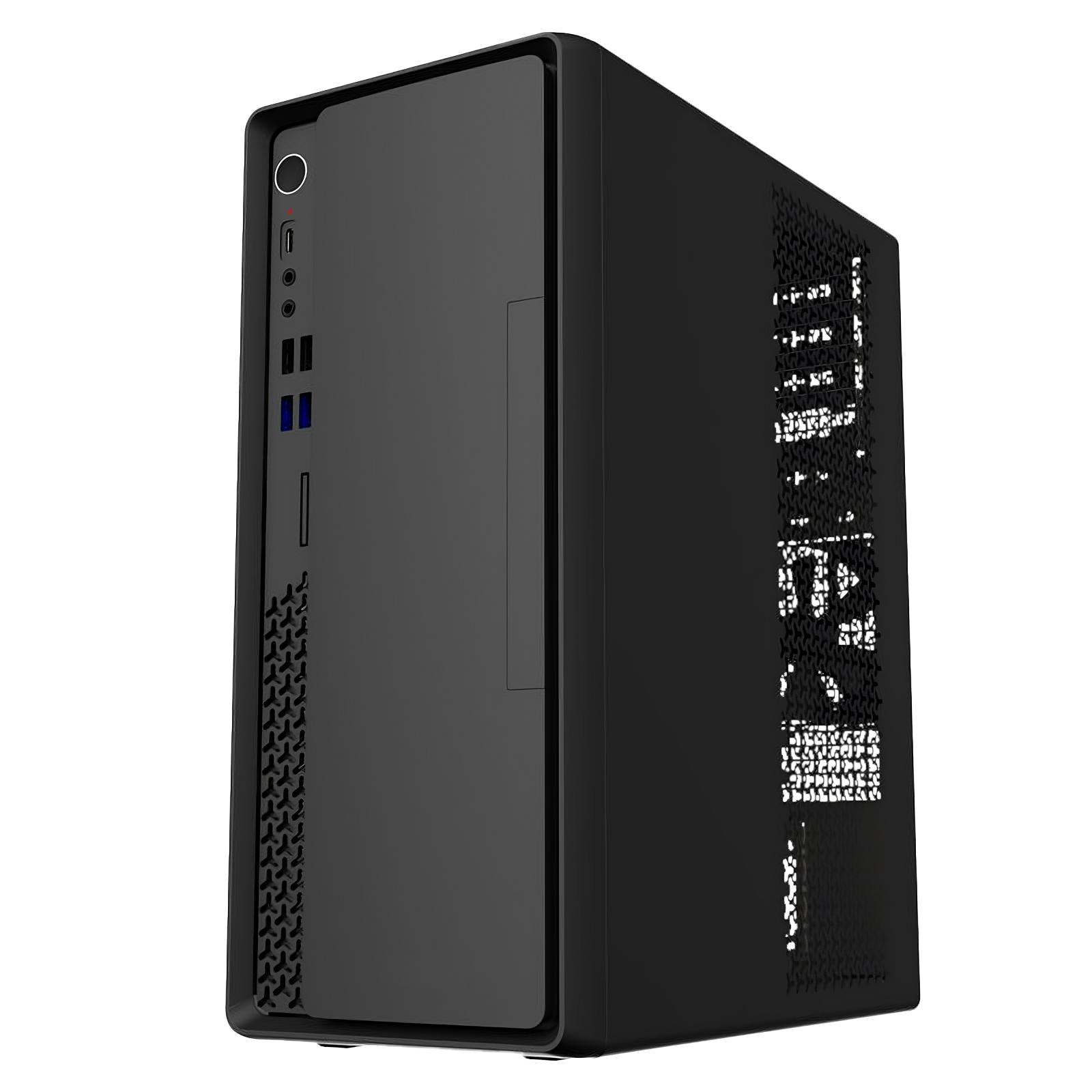 Caja de computadora negra. La caja es alta y tiene un diseño elegante, con aberturas para componentes.