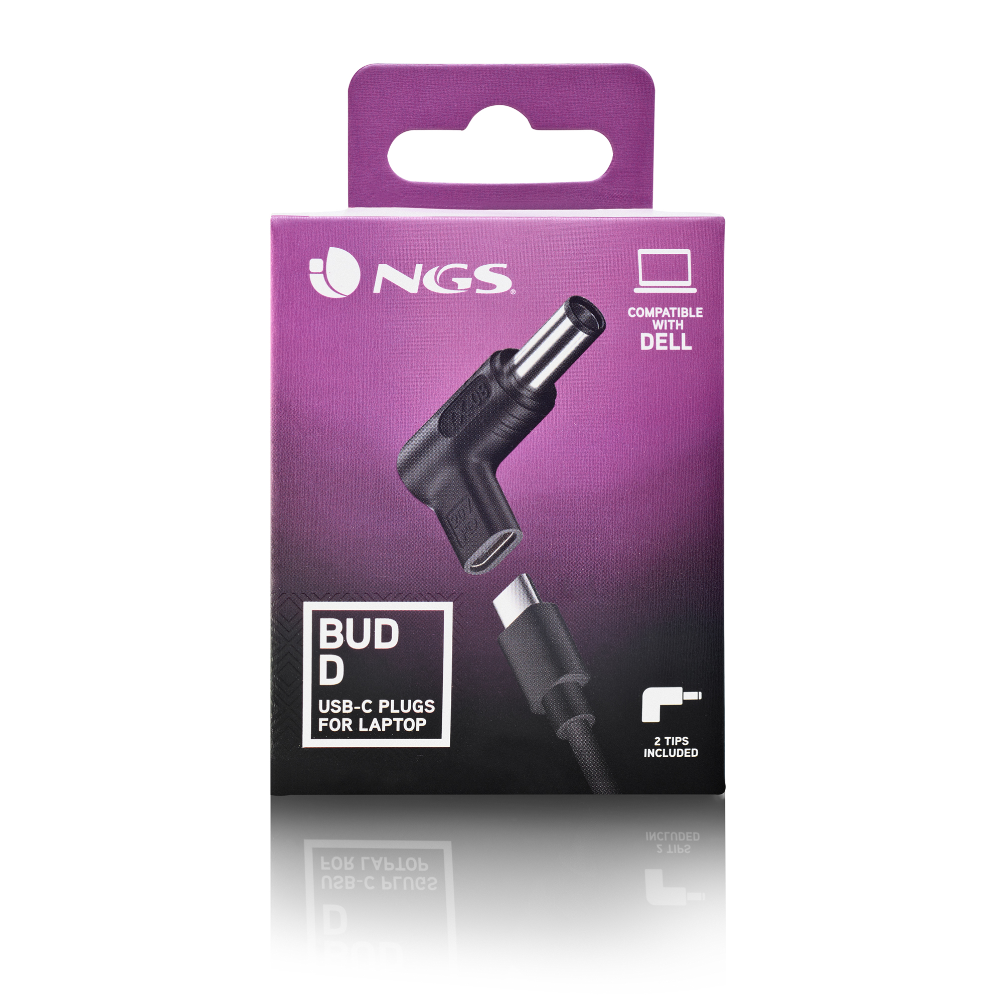 Una scatola viola con un adattatore USB-C e un cavo nero.