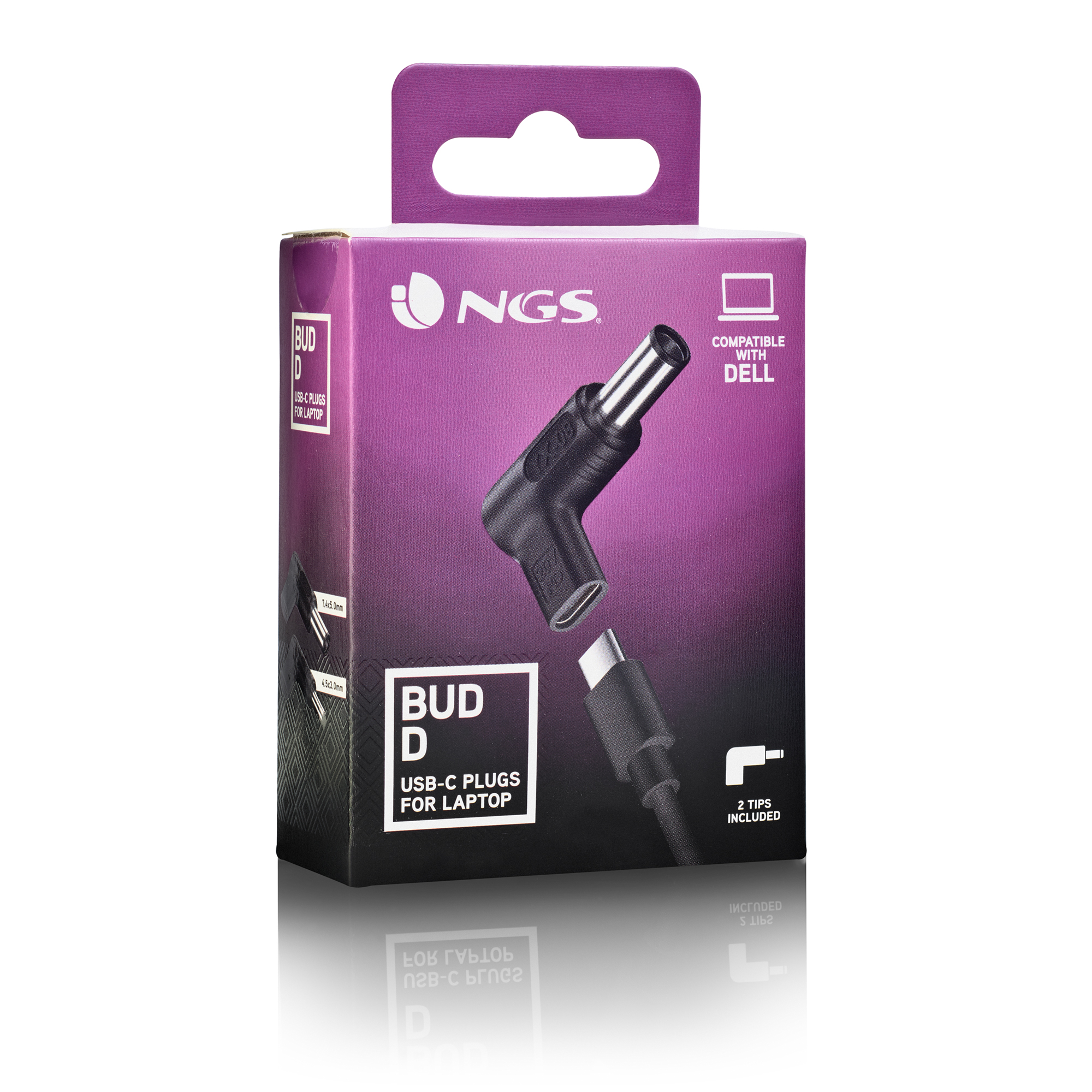 Caricatore USB-C per laptop in scatola, design nero e viola.