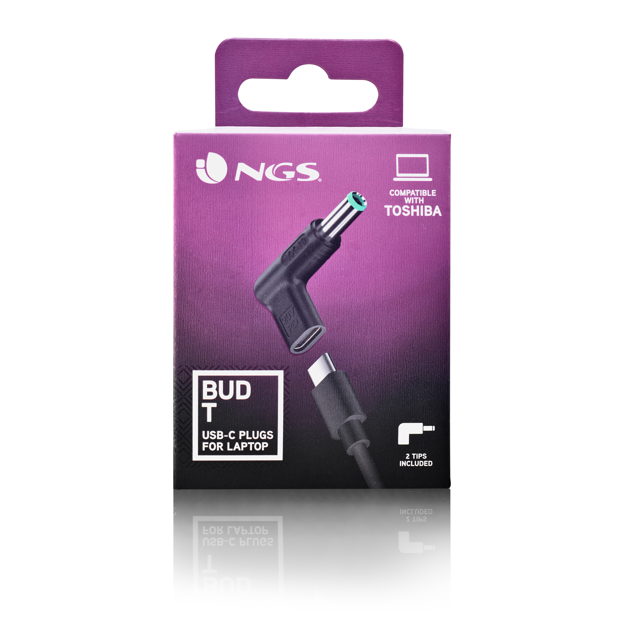 Un cargador negro y verde, con un enchufe USB-C, en una caja morada.