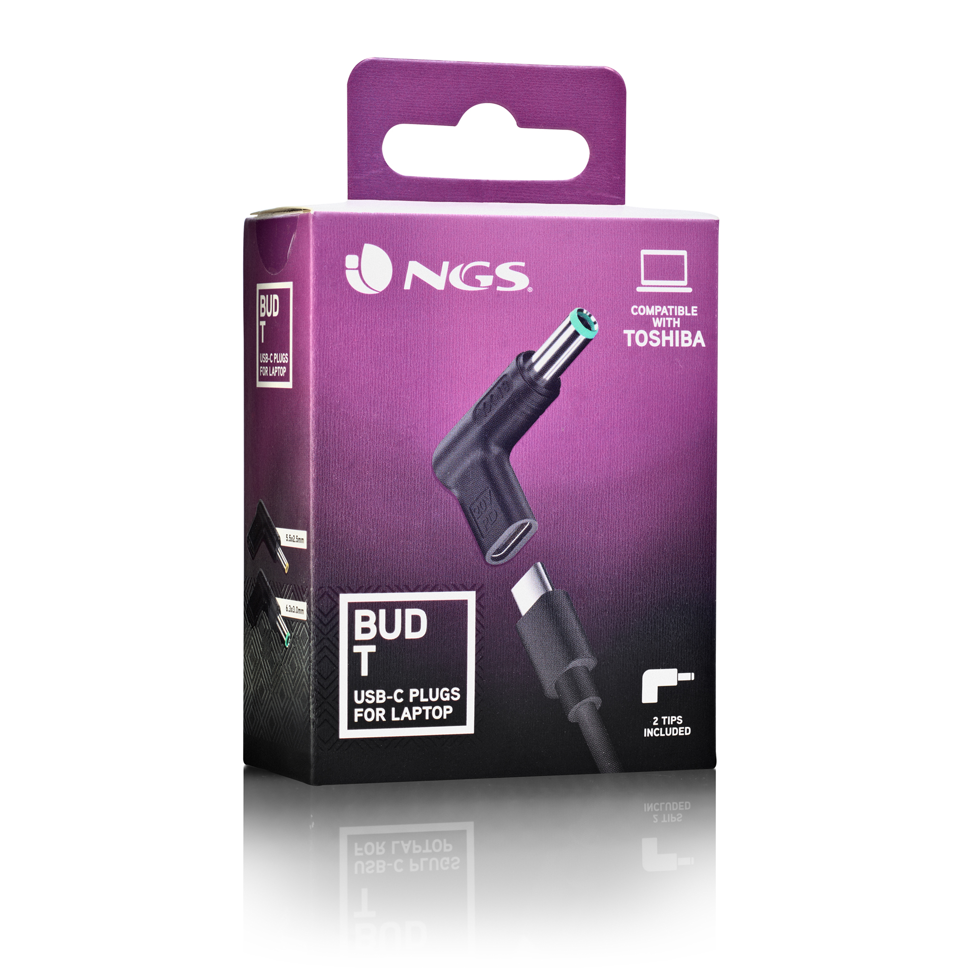 Una caja de conectores USB-C para portátil, con dos puntas incluidas.