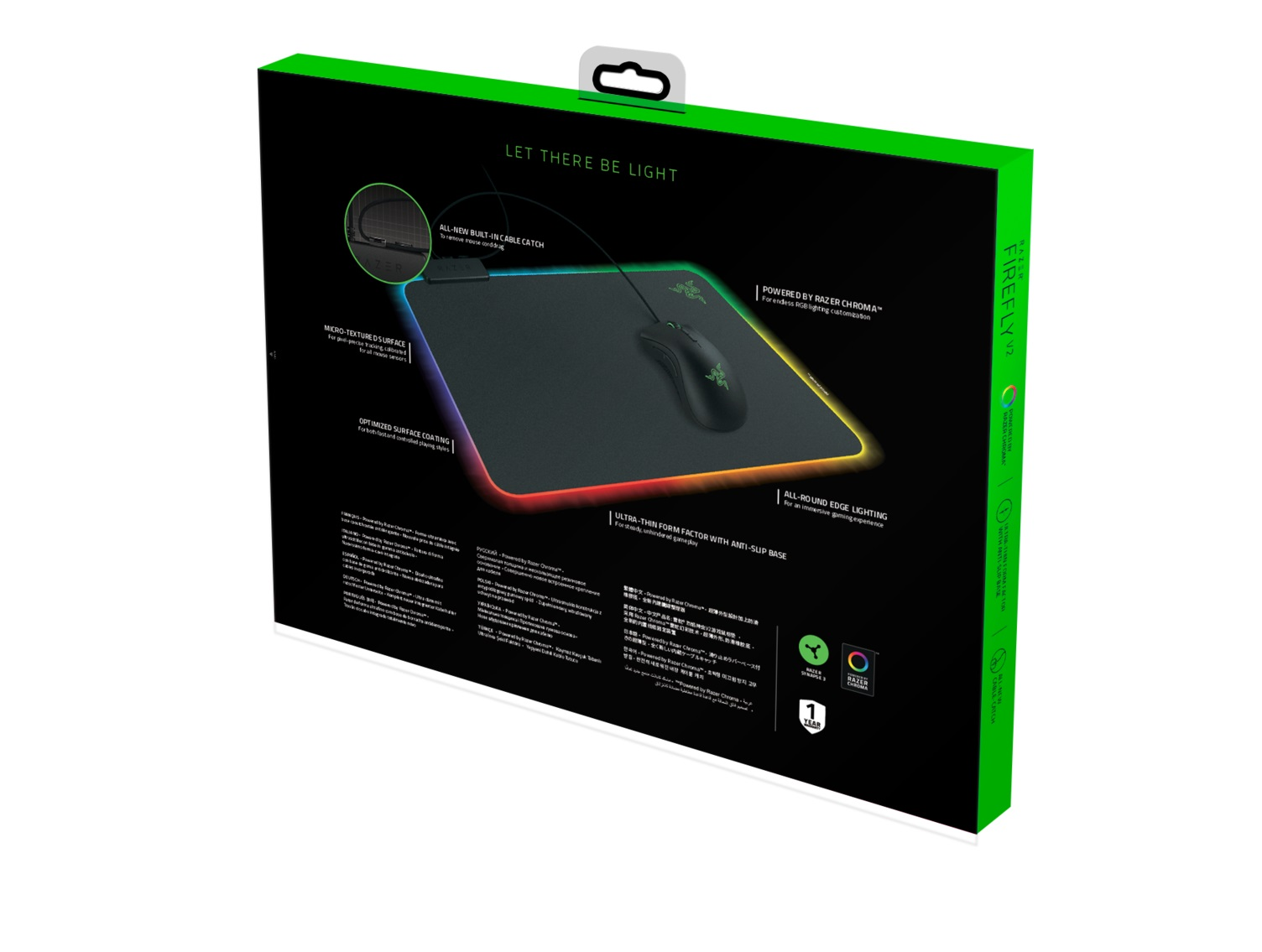 Czarne pudełko na podkładkę pod mysz Razer Firefly V2. Pudełko jest zielone z myszą i podkładką w środku.