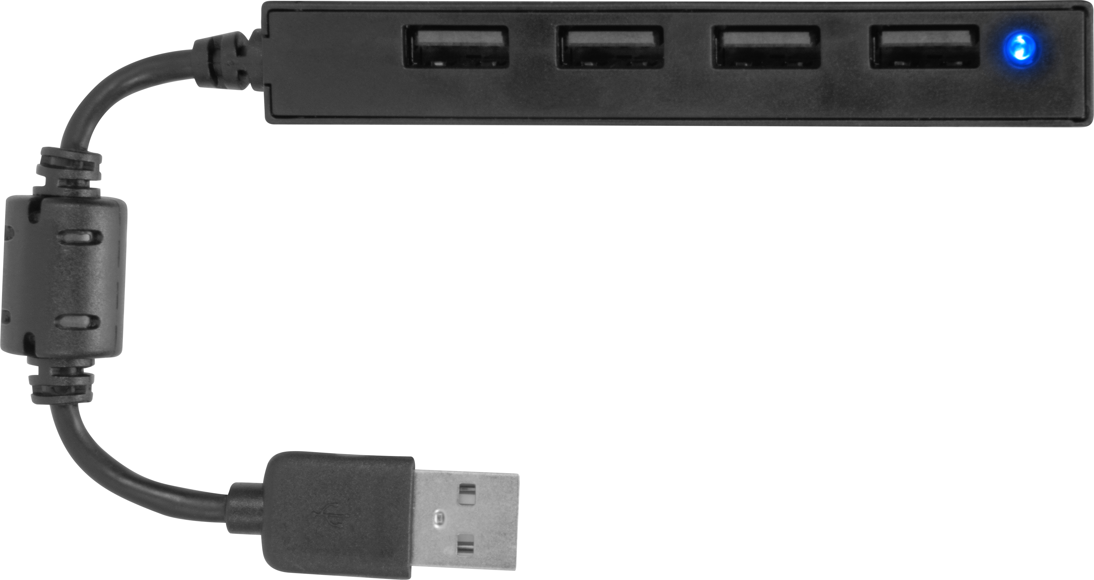 Een zwarte USB-hub met vier USB-poorten en een USB-connector.