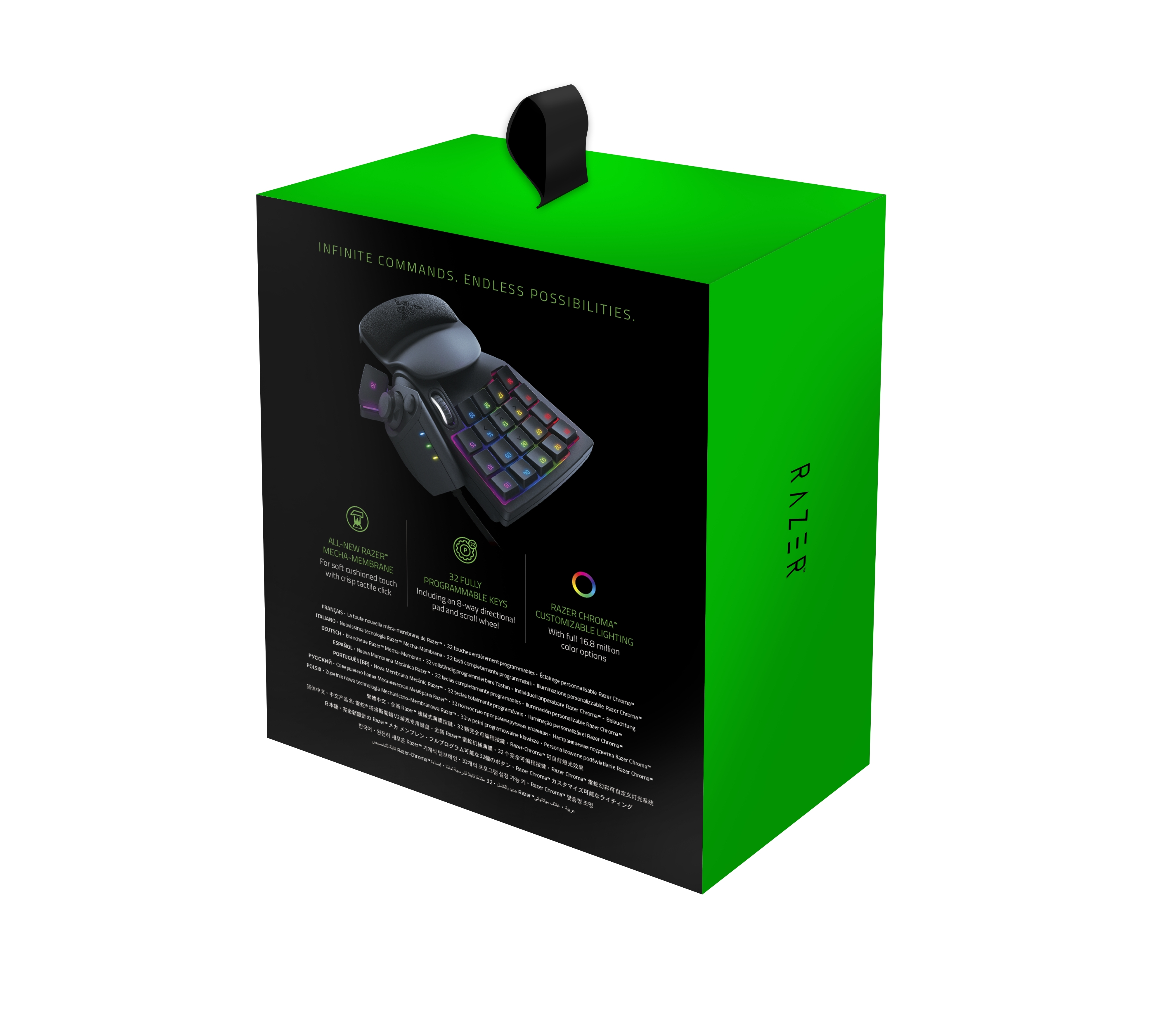 Grüne Box mit Razer Gaming-Tastatur, Funktionen auf der Box gelistet. Nahaufnahme der Tastatur.