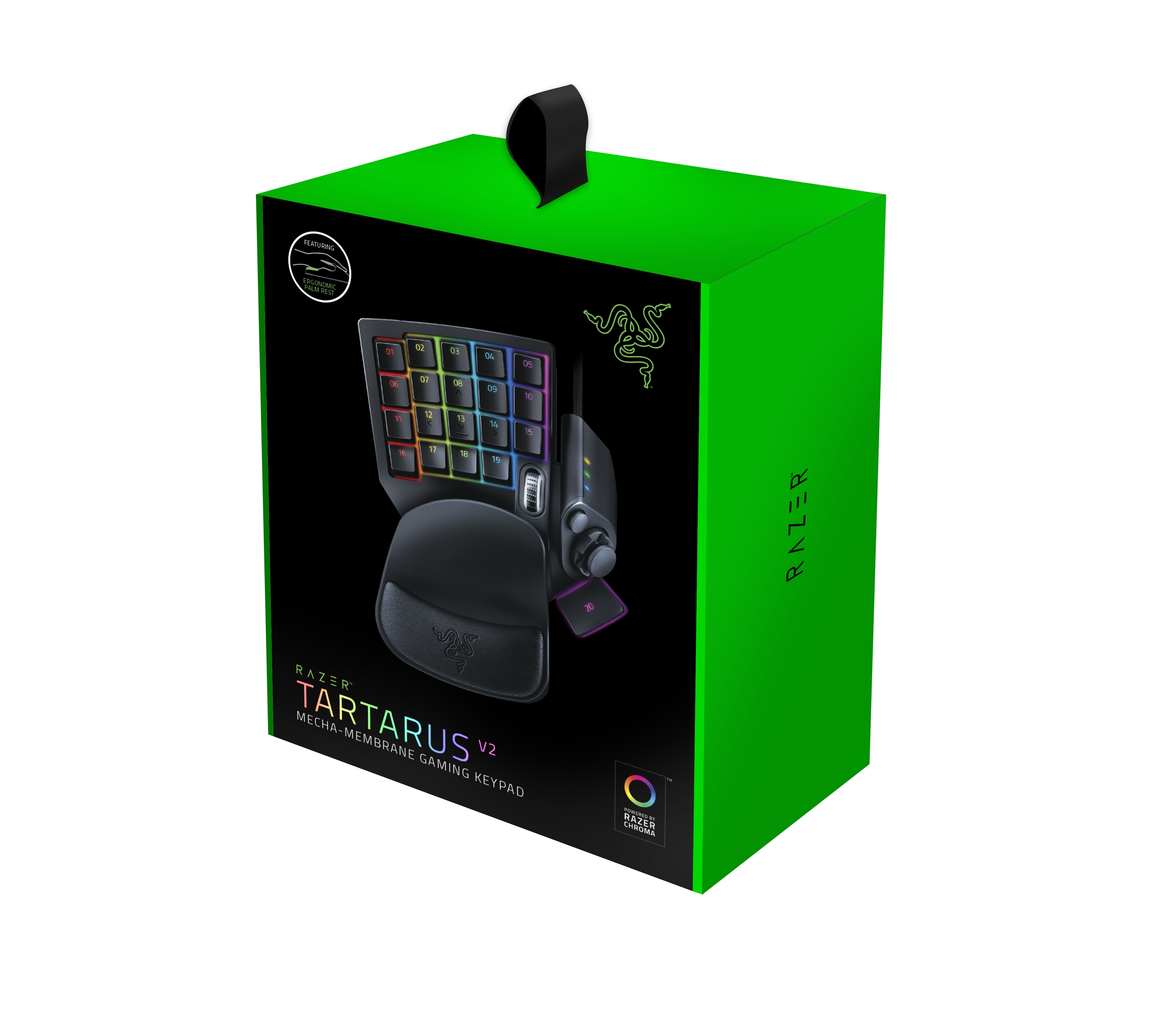 Grüne Razer Tartarus V2 Gaming-Keypad-Box. Schwarzes Gamepad sichtbar. Weißer Hintergrund.