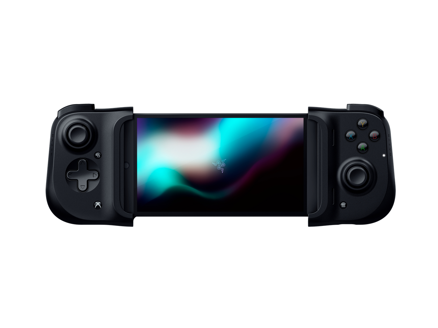 Black Razer gaming controller with a phone attached, buttons visible. White background.
