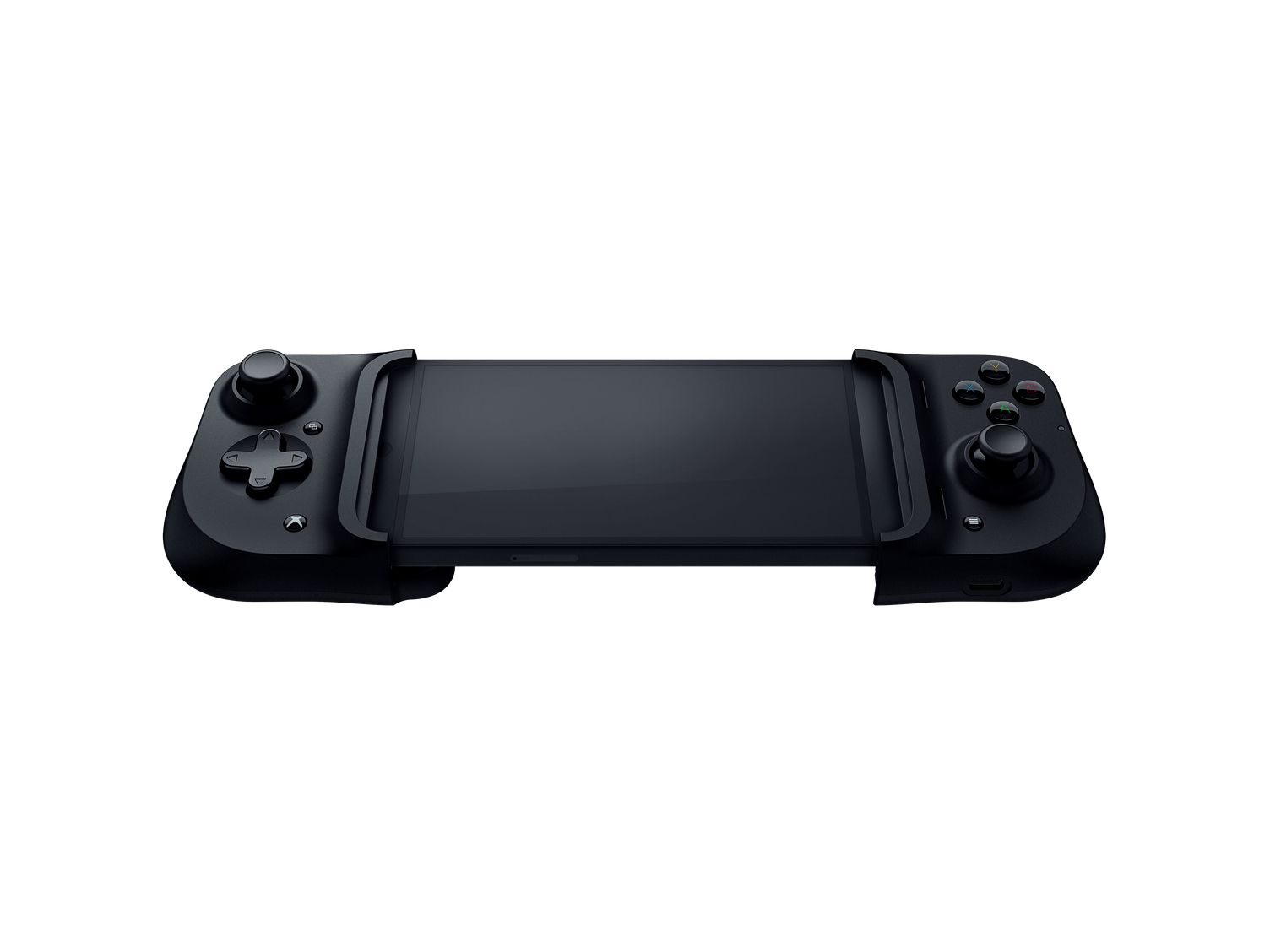 Black game controller with buttons on both sides and a phone holder in the middle.