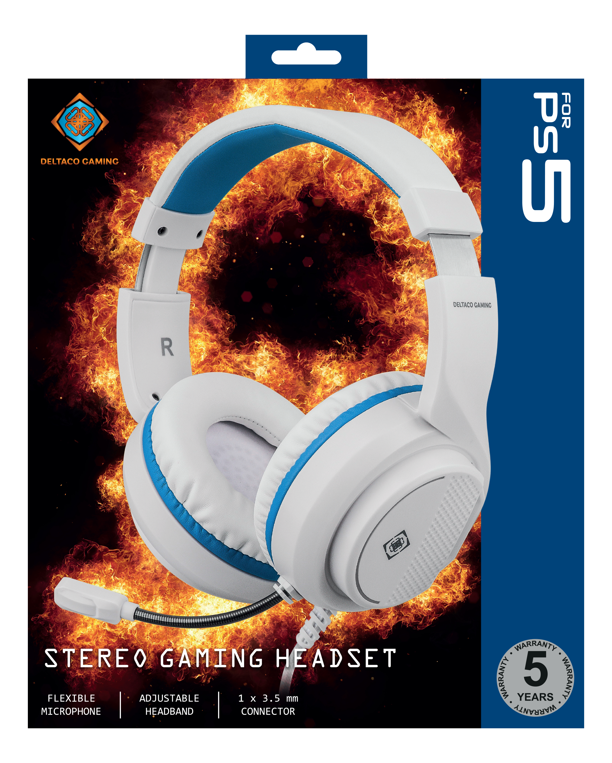 Weißes und blaues Gaming-Headset für PS5, mit Text und Feuer-Hintergrund.