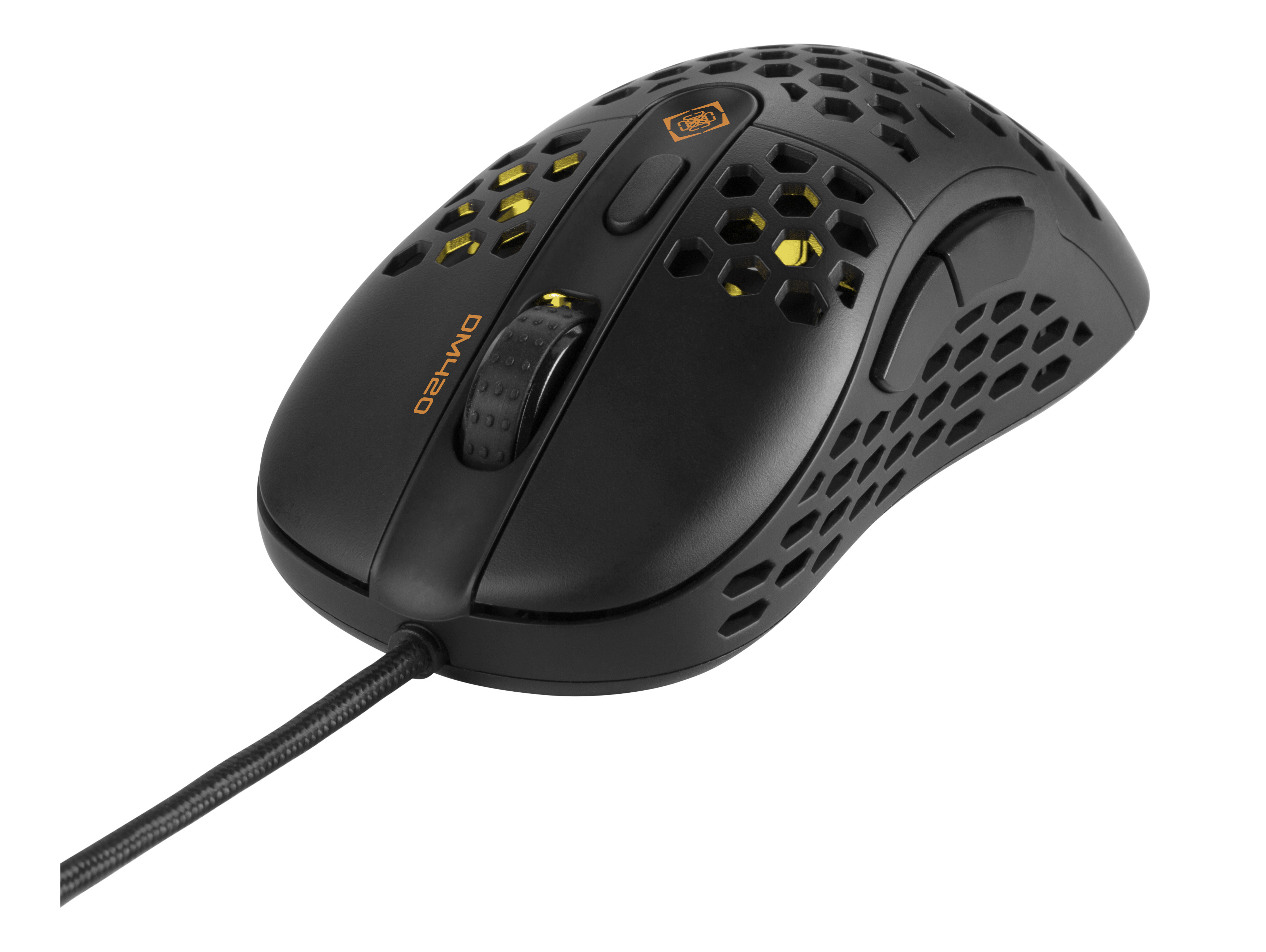 Eine schwarze Gaming-Maus mit Wabenmuster und gelben Akzenten. Sie hat ein Kabel und ein Scrollrad.