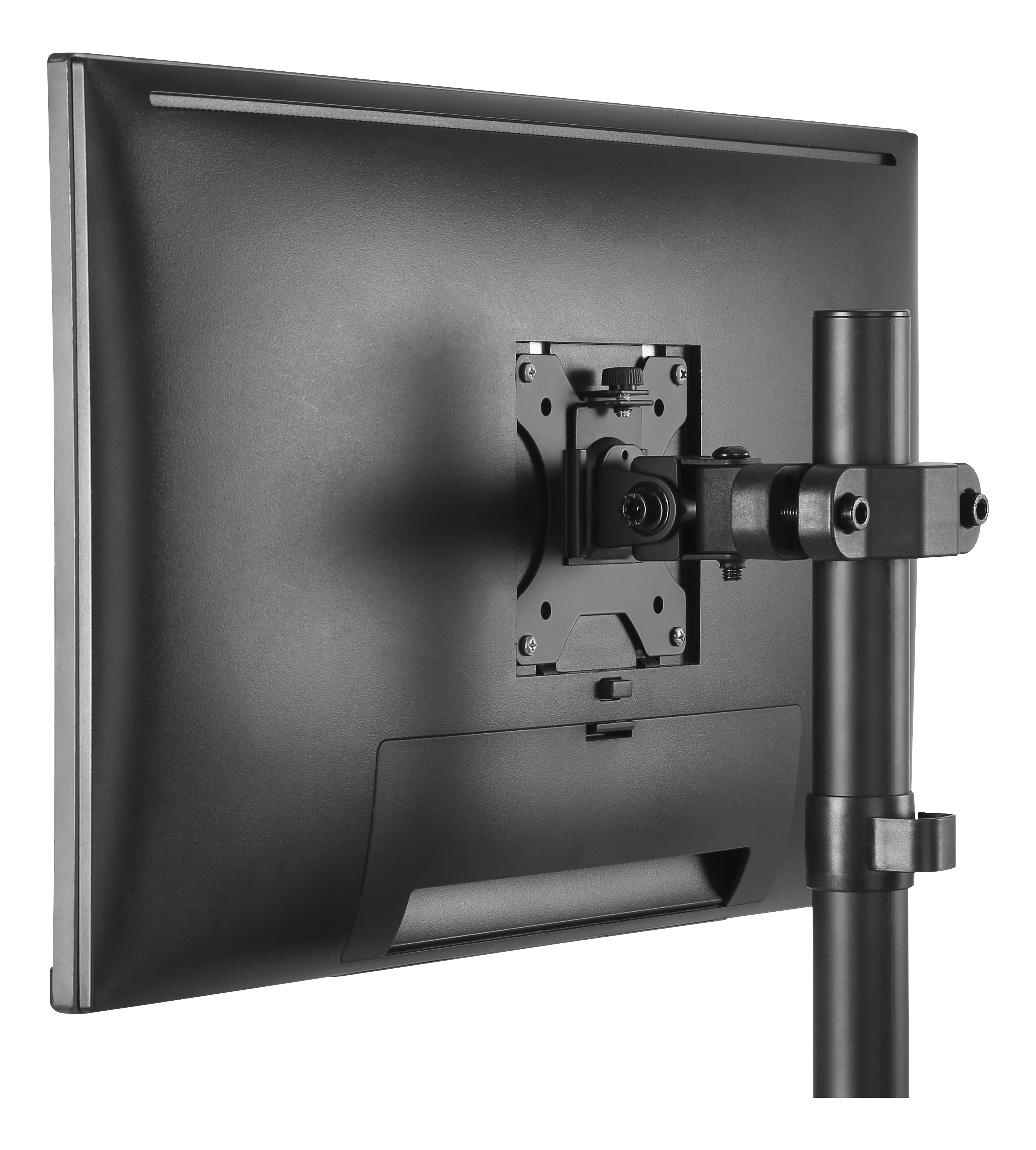 Schwarzer Computermonitor, Rückansicht. Schwarzer Ständer, weißer Hintergrund.