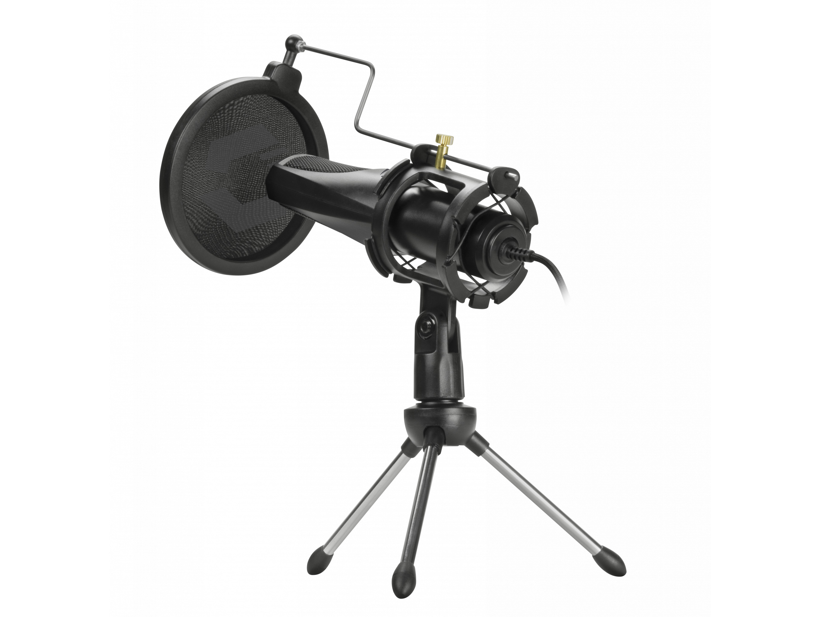 Een microfoonset met een popfilter op een statief, perfect voor opnames in een studio-omgeving.