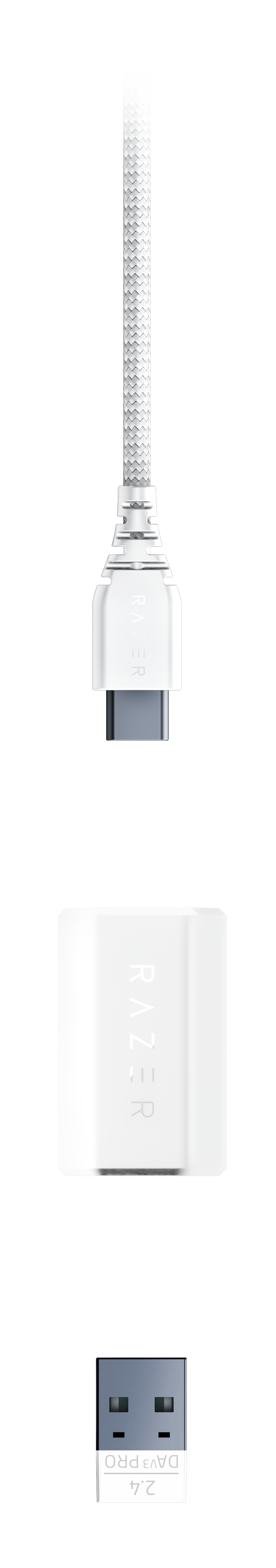 Biały pleciony kabel USB z białym złączem i logo RAZER, ze złączem USB-A.