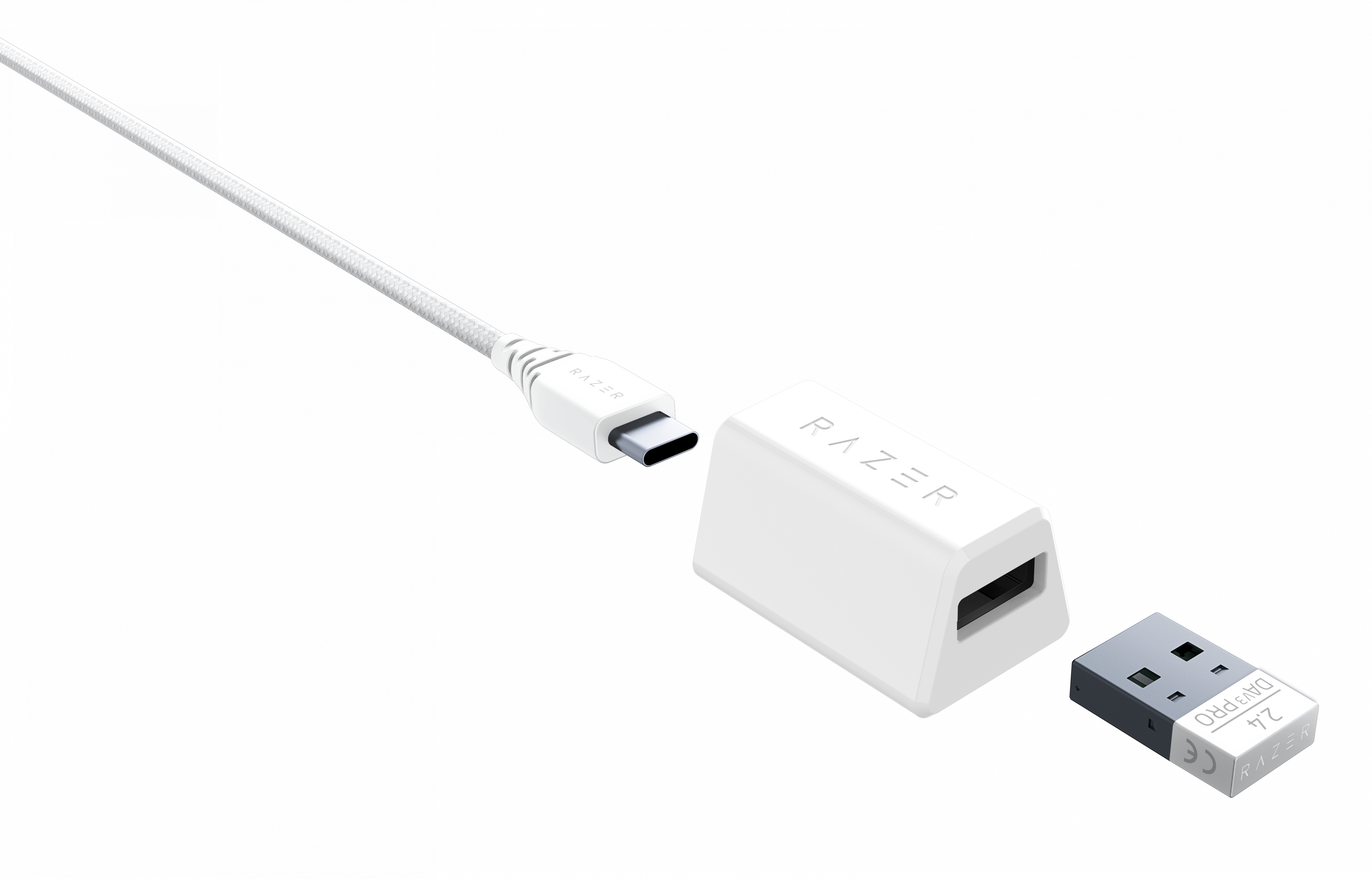 Biały adapter USB Razer, kabel USB-C i klucz USB.