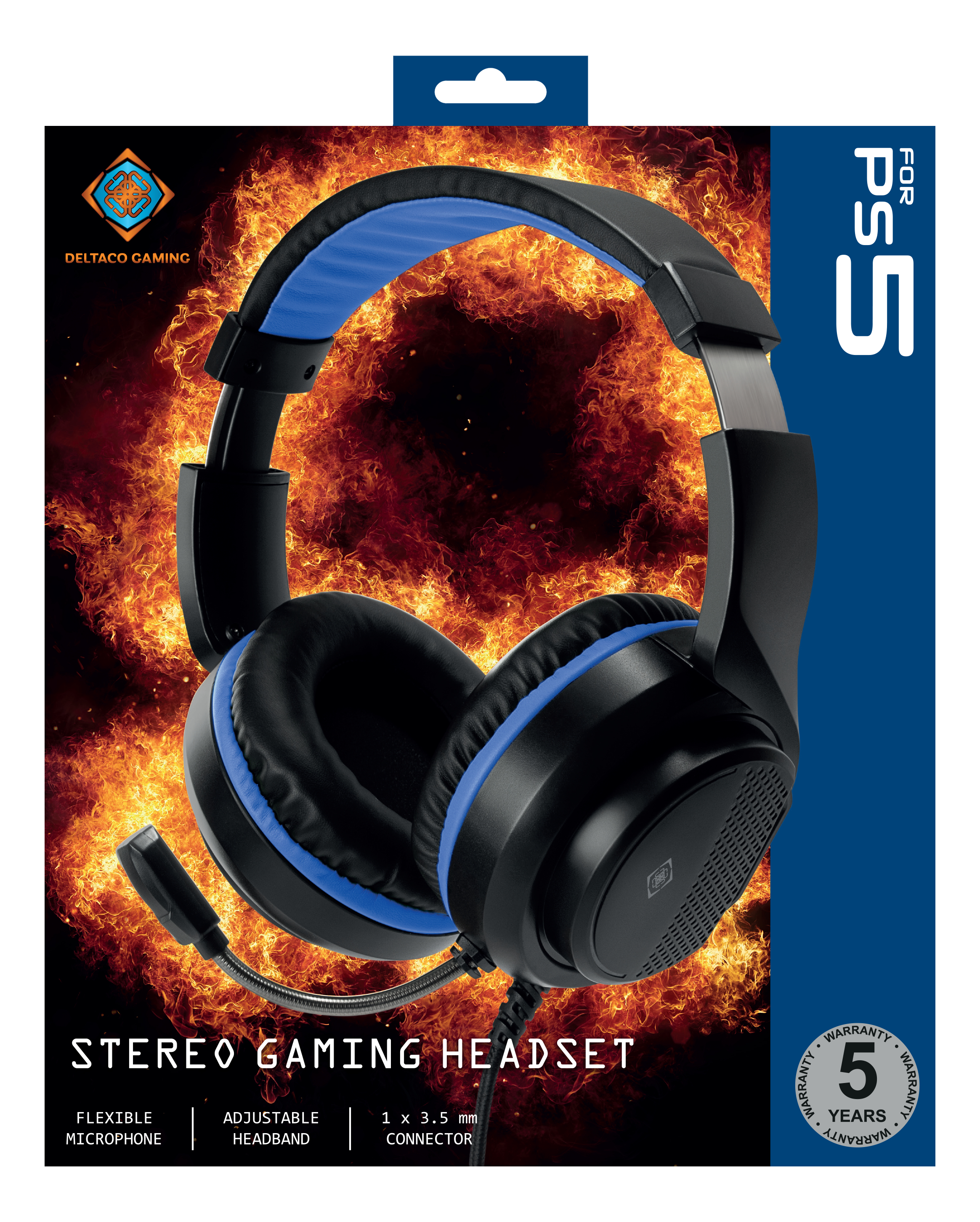 Cuffie da gioco stereo nere con dettagli blu, su una scatola con sfondo di fuoco.