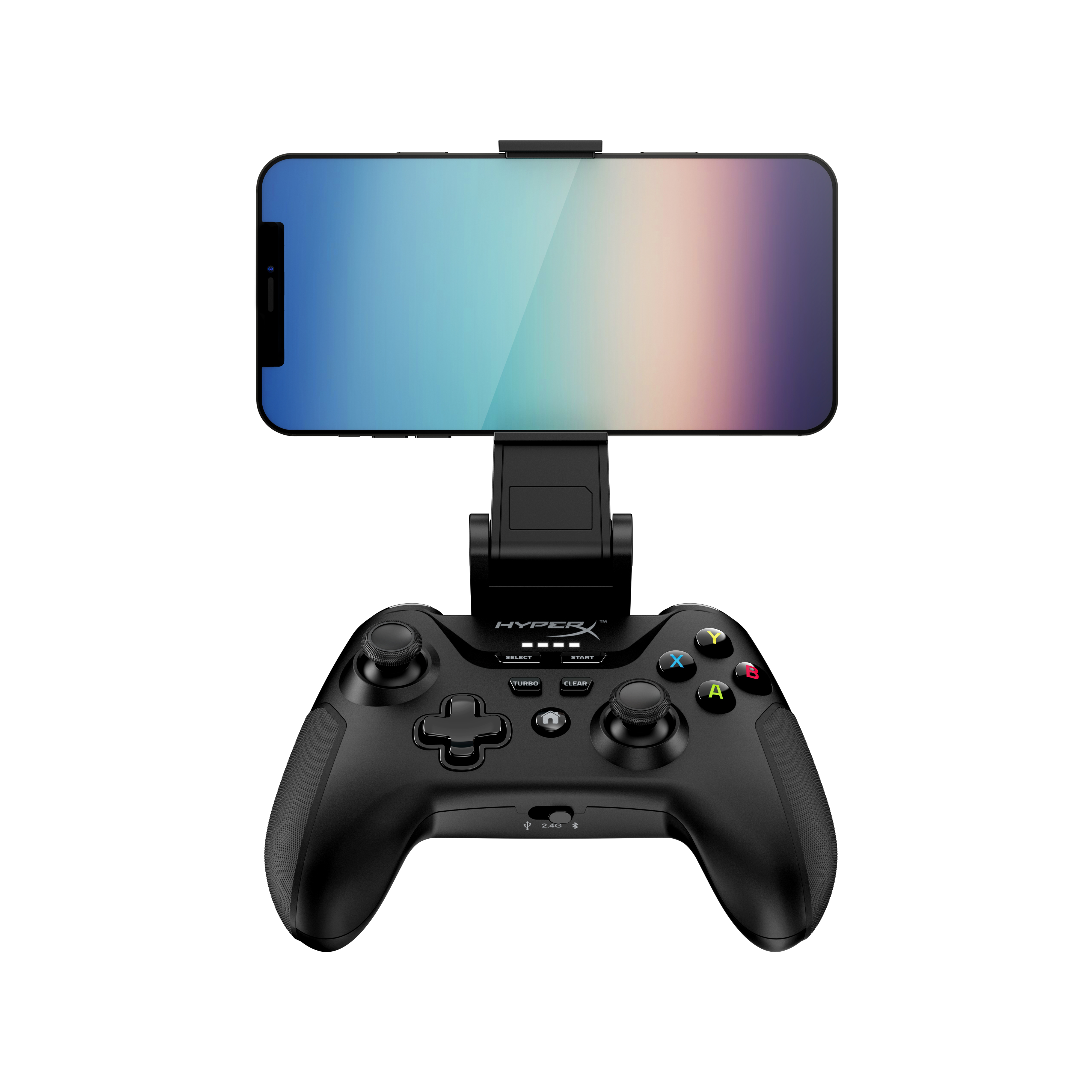 Czarny kontroler HyperX z dołączonym telefonem. Posiada przyciski, gałki i uchwyt na telefon.